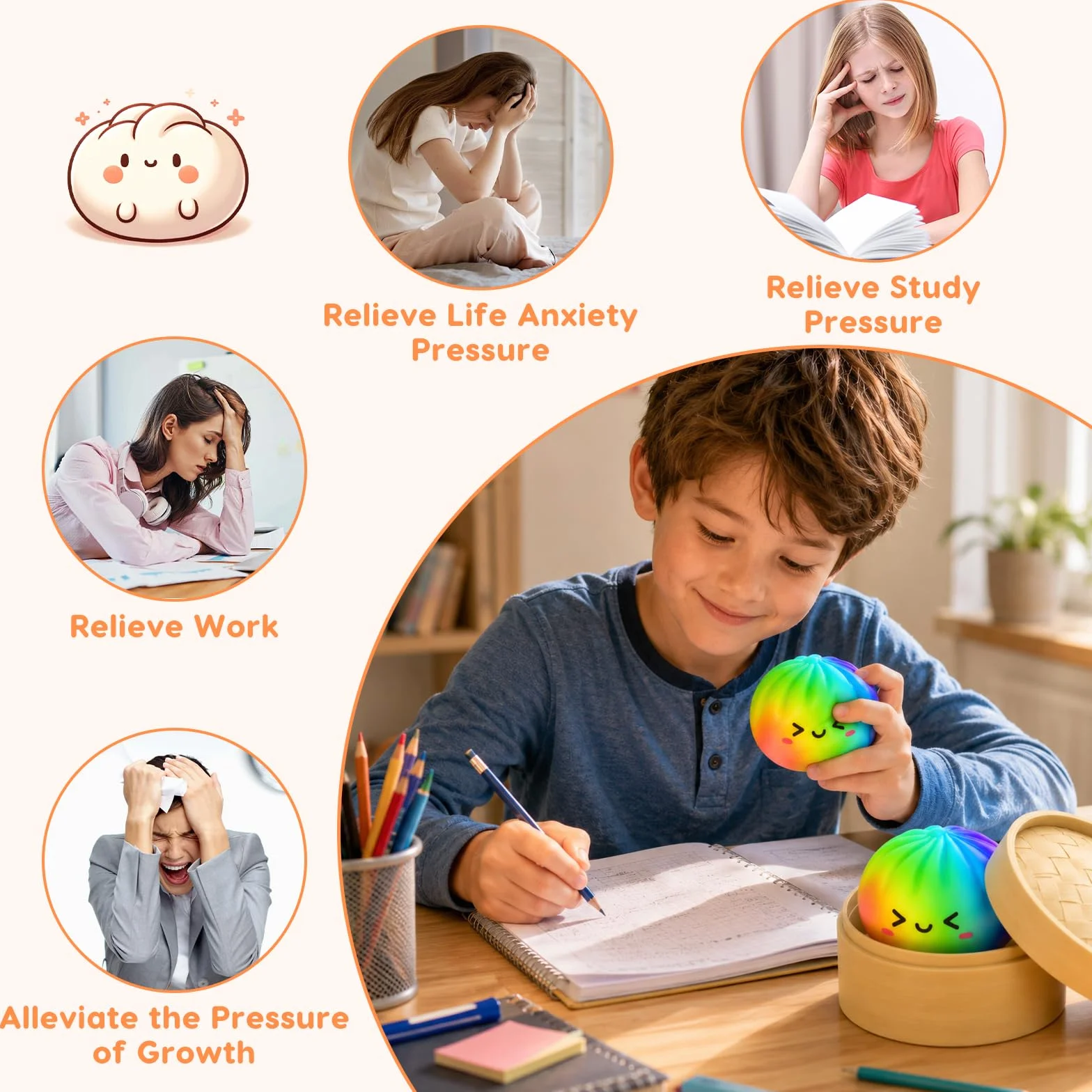 Dumpling Squishy con Vaporiera 9,5 cm, Glitter Squishy Dumpling Mystery, Giocattolo Anti-Stress Slow Rising Bao Bun Balla Antistress (Rainbow)