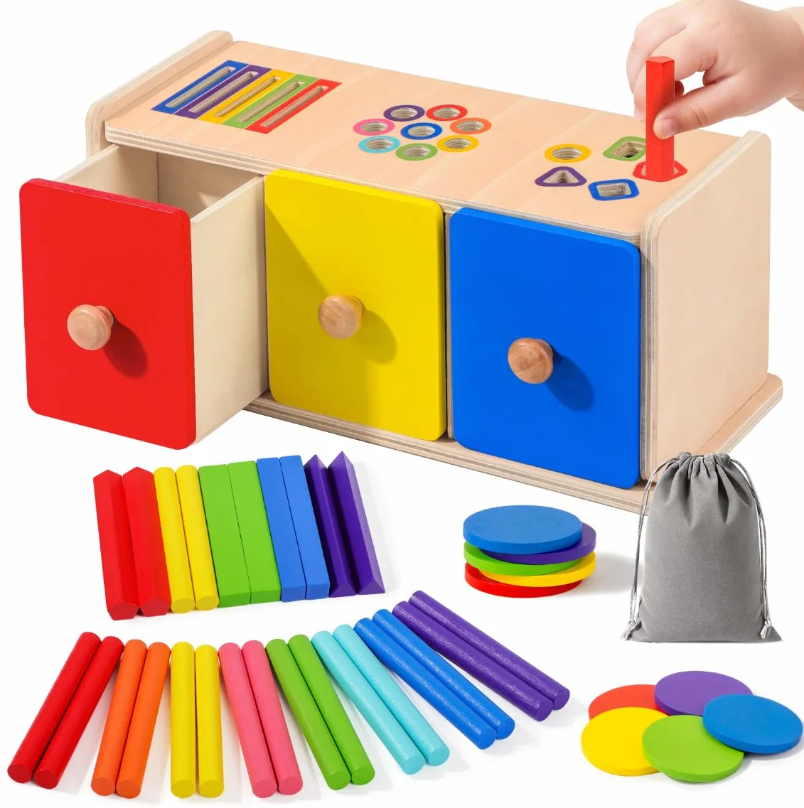 Giochi Montessori 1 2 3 Anni, 3 in 1 Giochi in Legno per Bambini Sensoriali Gioco di Smistamento per Colore e Forma, Giocattoli Montessori Educativi per Bambini 1-3 Anni Regalo Bambino Bambina