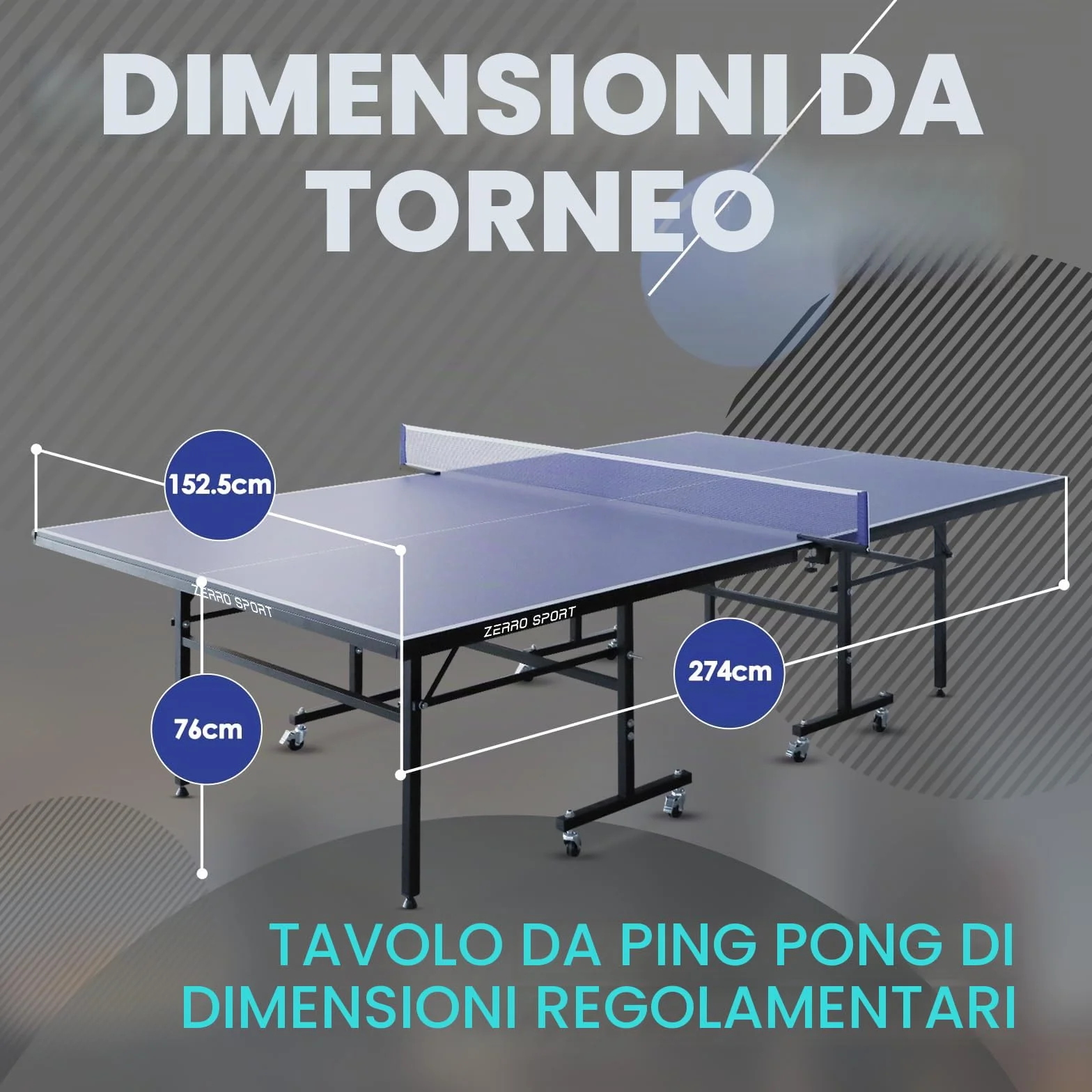 ZERRO Tavolo Ping Pong Pieghevole Interno MDP 15 mm 274x152.5x76 cm