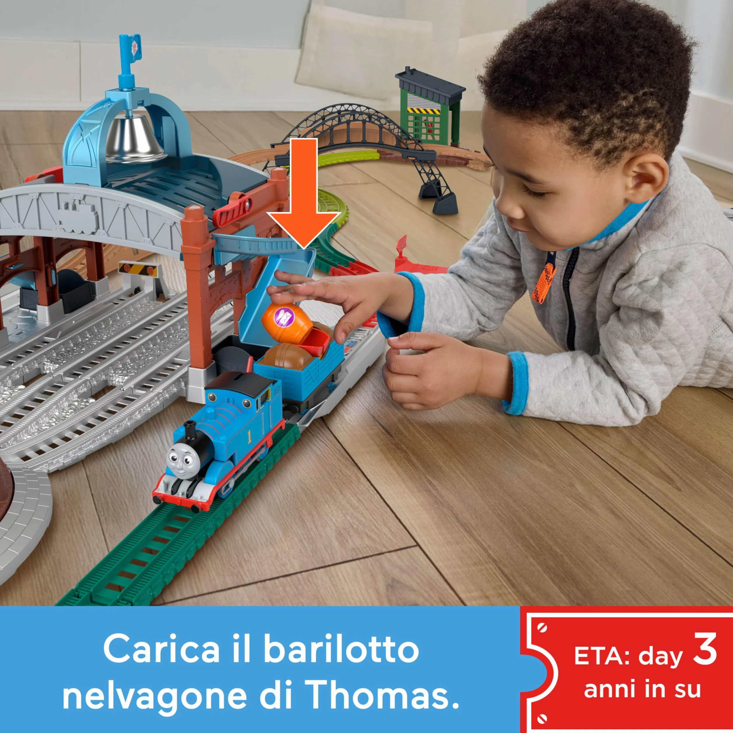 Thomas & Friends - Centro di Consegna Barili, set con locomotiva Thomas motorizzata a pile e vagone merci, pista lunga 5+ metri e barili inclusi, giocattolo per bambini, 3+ anni, JGY30