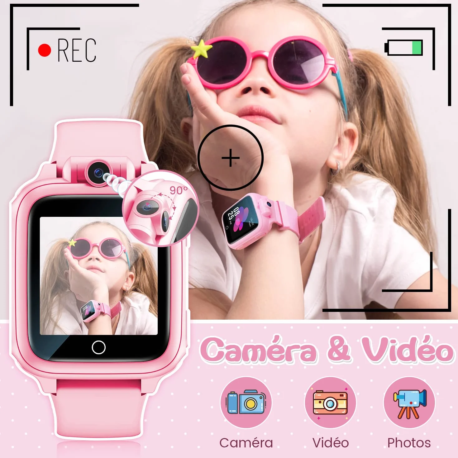 Awatty Orologio Intelligente, Giocattolo 3 4 5 6 7 8 9 10 11 12 Anni, Fotocamera Rotativa a 90°, 14 Giochi, Orologio Collegato Ragazzo, Giochi per Bambini Grandi Regalo Ragazza Ragazzo, Rosa, Enfant,