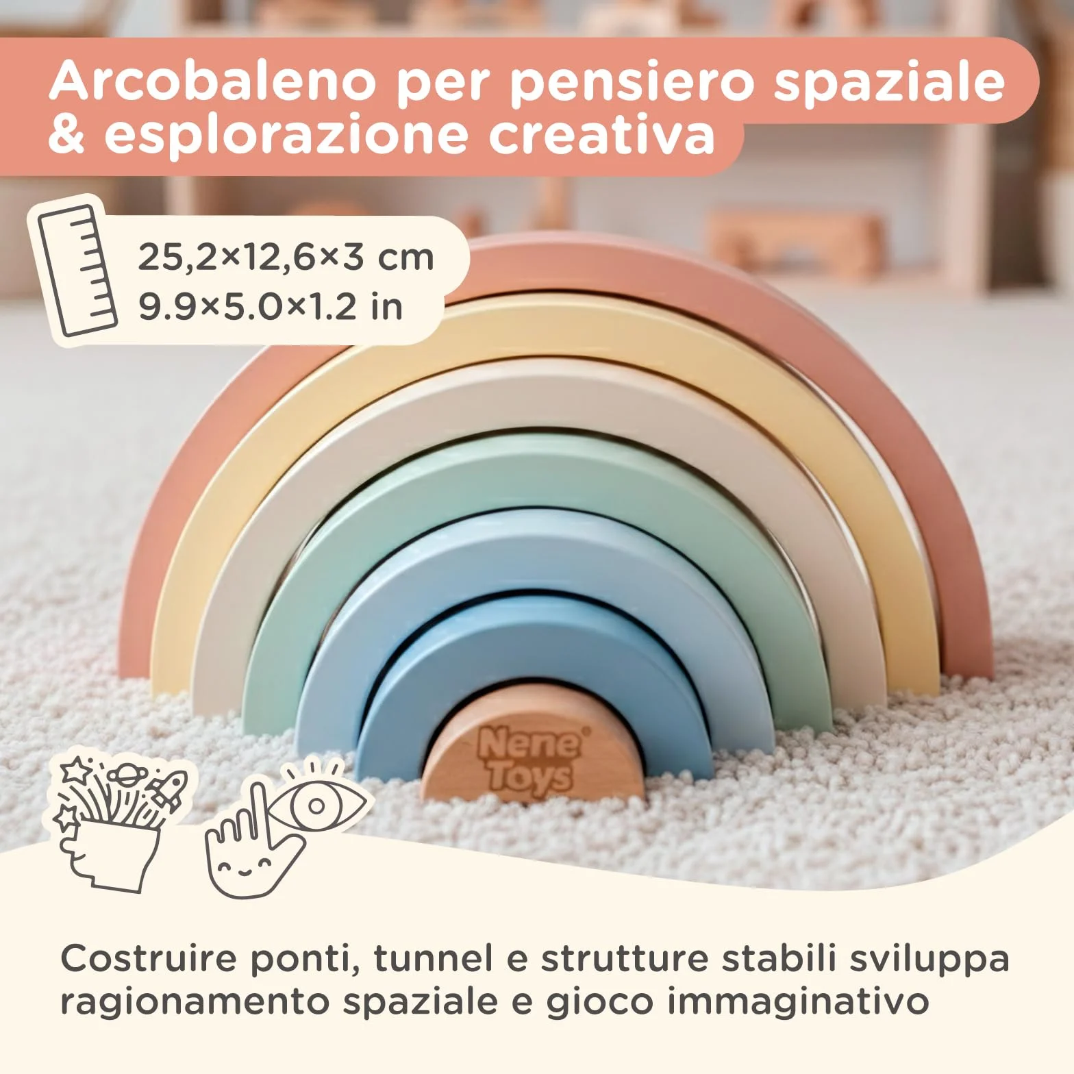 Nene Toys Giocattolo Montessori in Legno 3-in-1 per Bambini 1 Anno – Arcobaleno in Legno, Torre da Impilare & Gioco di Incastro – Gioco Educativo 1–3 Anni – Idea Regalo Bimba Bimbo – Colori Pastello