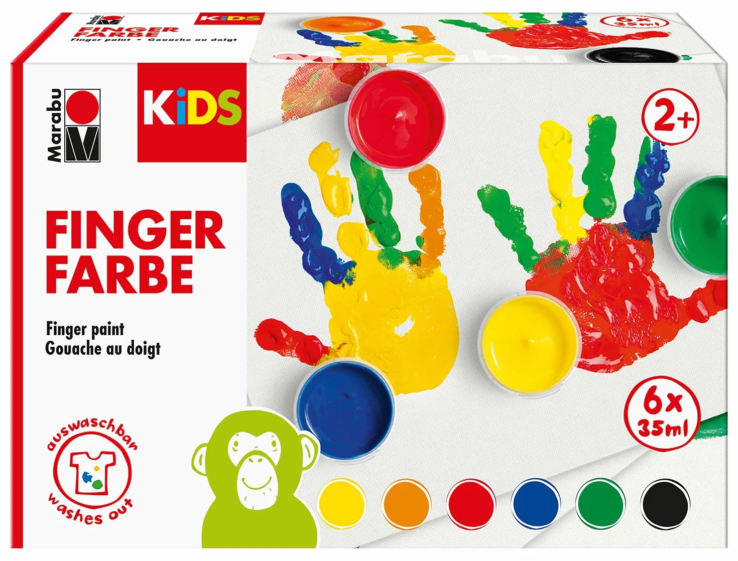 Marabu, set di 6 colori vivaci KiDS, ciascuno da 35 ml, adatti per dipingere con le mani all’asilo, a scuola, in terapia e a casa, senza parabeni, vegani, senza lattosio e glutine, 0303000050800