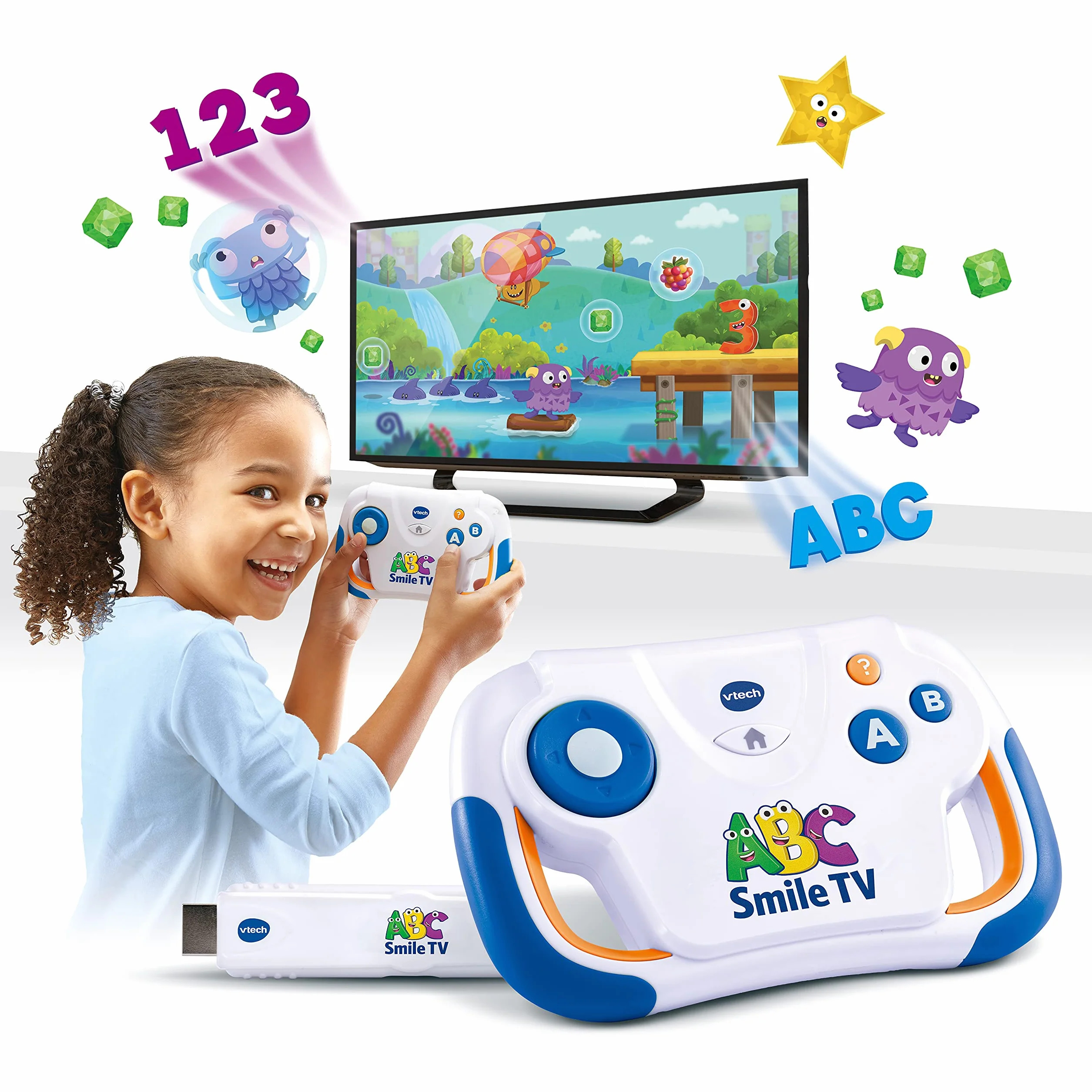 VTech ABC Smile TV - Console di apprendimento wireless con chiavetta HDMI per TV con 15 livelli di gioco per ore di apprendimento - Per bambini dai 3 ai 7 anni
