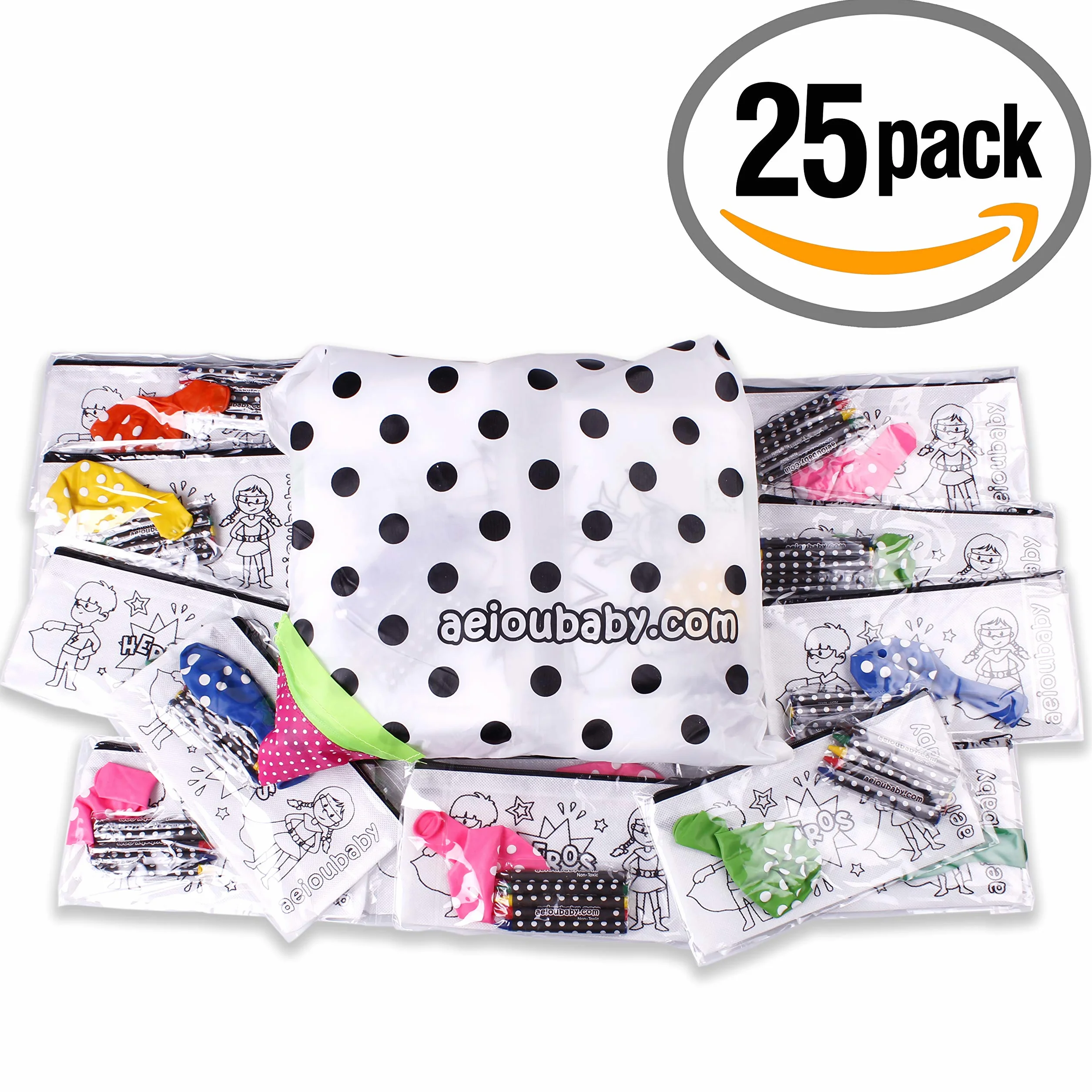 aeioubaby.com 25 Astucci da Colorare + Borsa Riutilizzabile | Bustine singole con 5 Colori a Cera e un Palloncino | Regalo per bambini per le feste e i compleanni (Eroi)