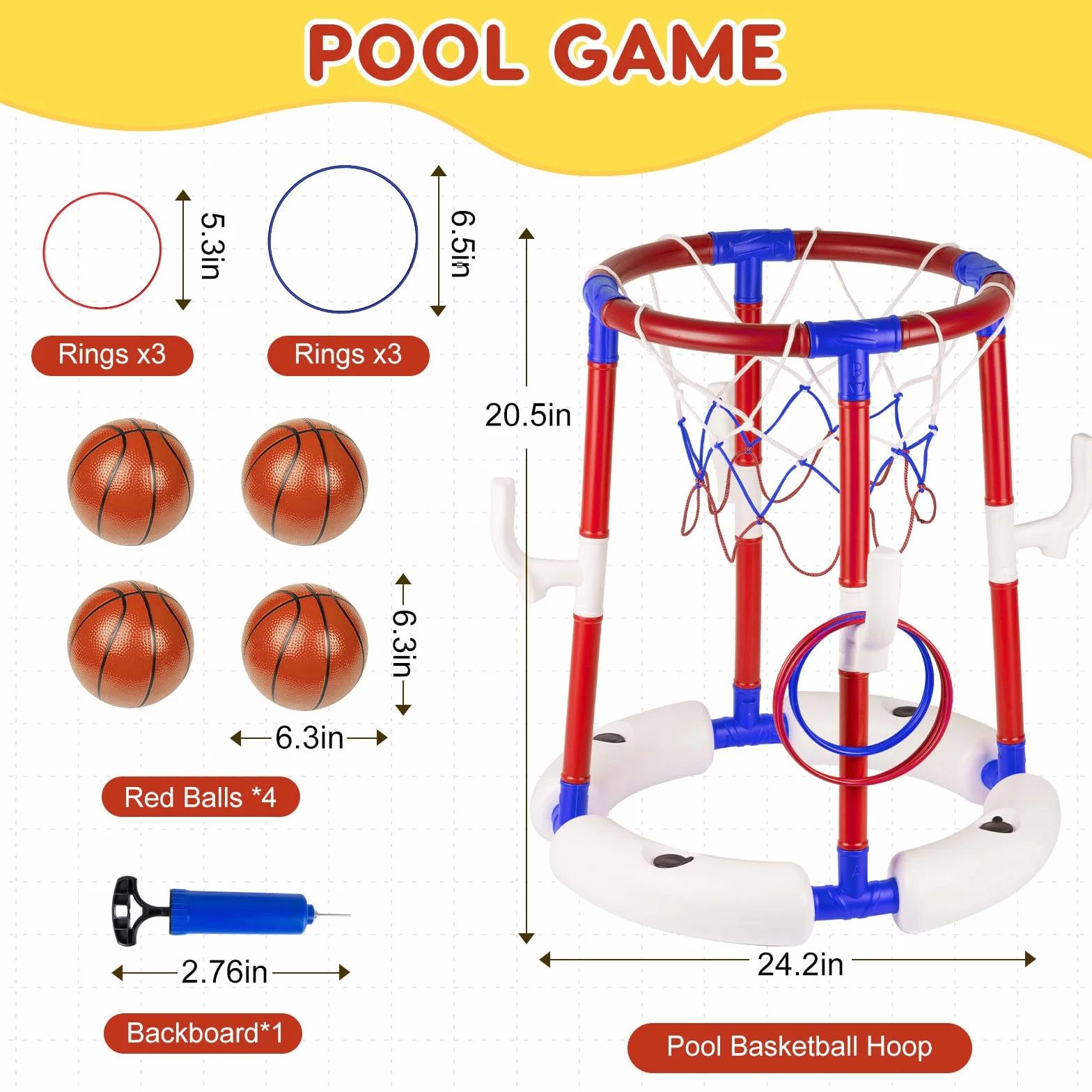 Giocattoli da basket per piscina, cestino da basket galleggiante per piscina con 4 palline, 6 anelli e pompa, ideale per bambini e adulti per divertirsi in acqua