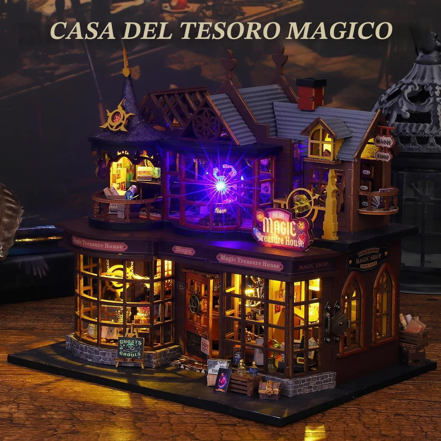 Mostop Casetta in miniatura fai da te, in legno, in miniatura, con luce LED, idea creativa per adulti, magica casa fai da te (Magic Treasure)