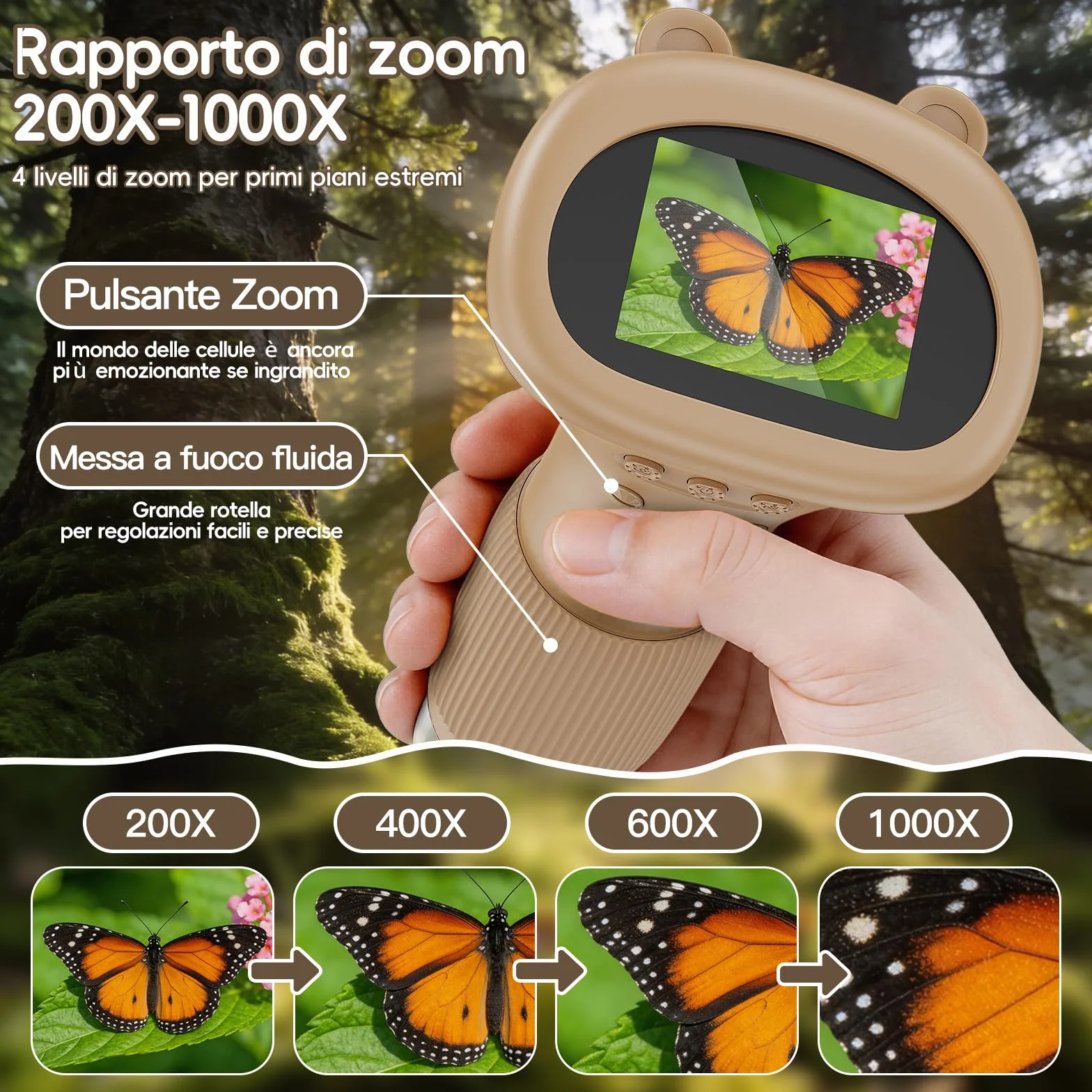 Microscopio Bambini Portable Zoom 1000X - Microscopio Digitale Mini Ricaricabile, Microscopi con Definizione 8 Luci LED Regolabili, Bambini Giocattolo Educativo, Regalo di Natale(Marrone)