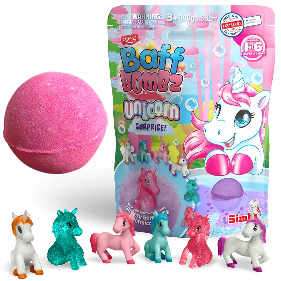 ZIMPLI - Grande Bomba da Bagno Unicorno a Sorpresa, 1 di 6 Giocattoli Unicorno da Collezionare, Uno per Baff Bomb, Giocattolo da Bagno Collezionabile per Bambini