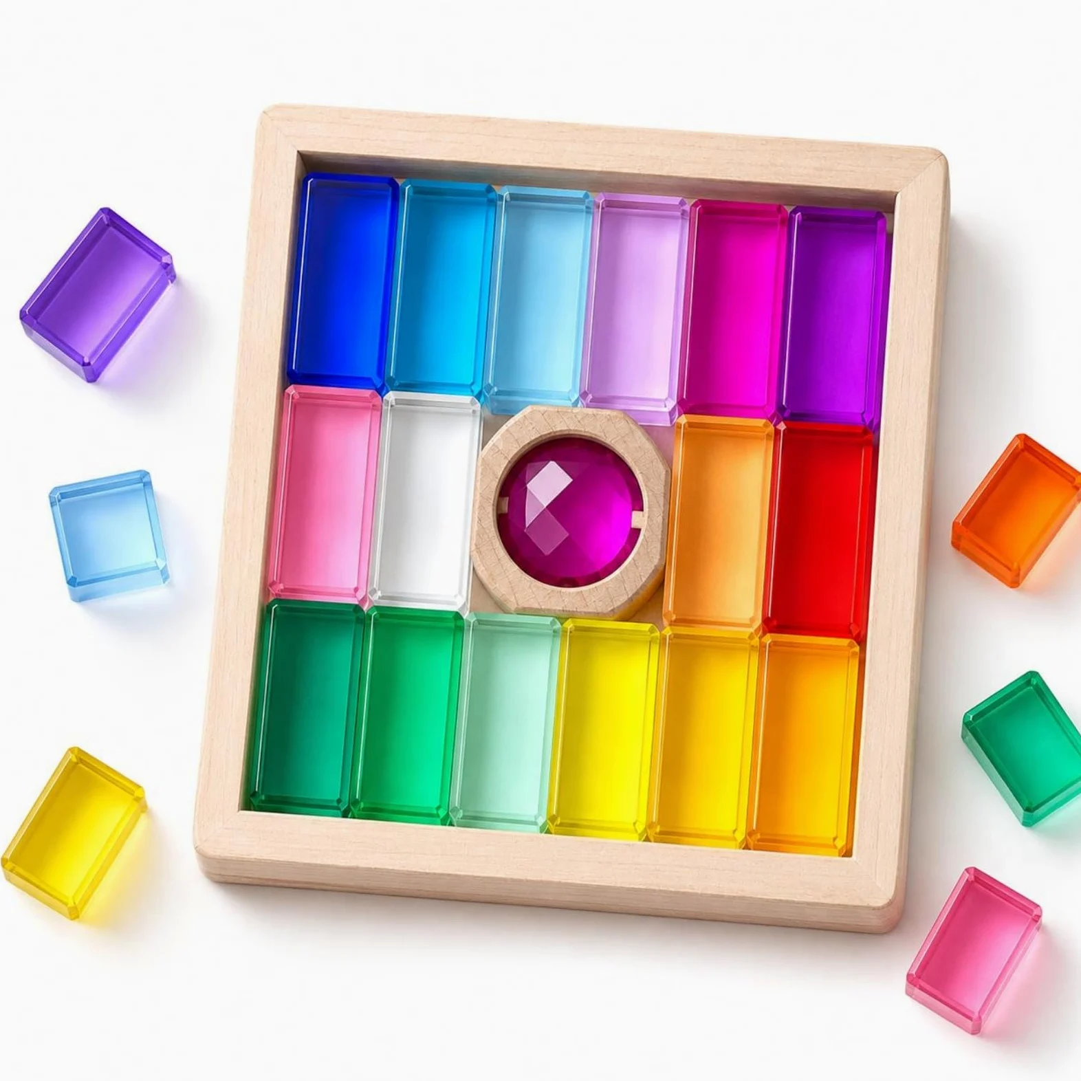 Blocchi da Costruzione per Bambini Set Legno E Acrilico Gioco Impilabile con Telaio in Faggio Pezzi Translucidi Effetto Cristallo Esplorazione di