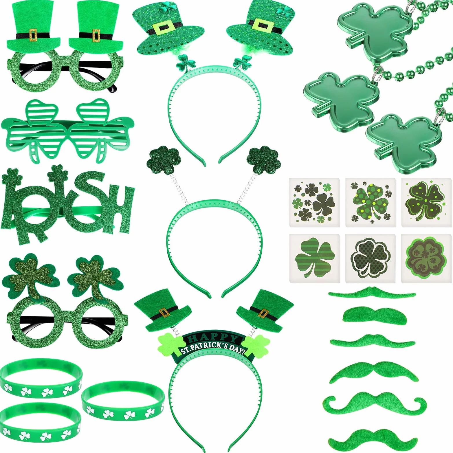 ERINGOGO Kit 91 Pezzi Accessori per Festa San Patrizio con Cerchietti, Occhiali, Collane e Braccialetti Trifoglio, Adesivi Decorativi e Baffi, Set Oggetti di Scena per Travestimenti