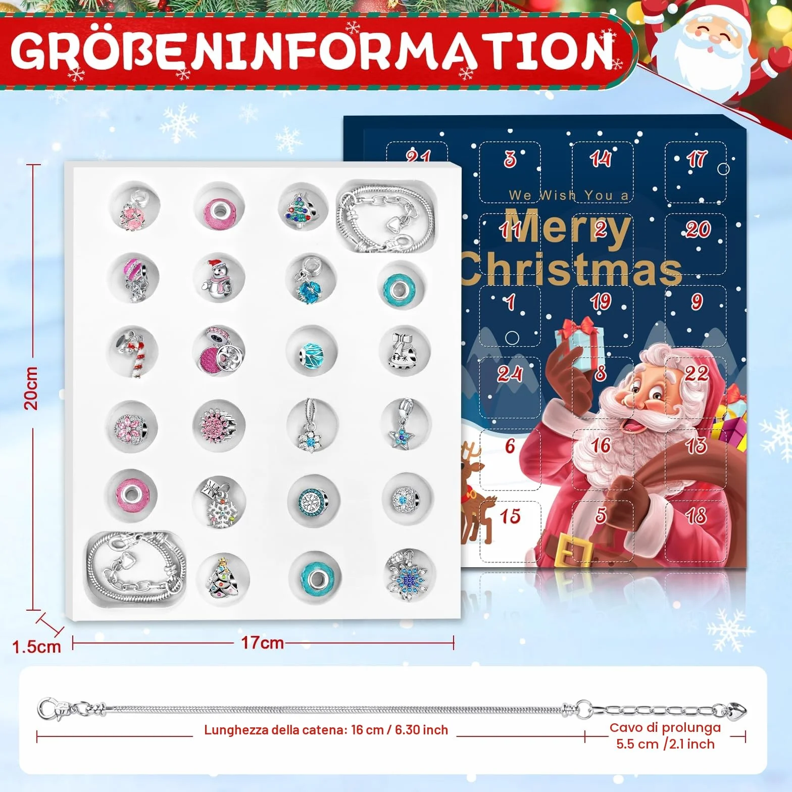 Calendario Dell'Avvento Gioielli 2025 Ragazza Bracciale Kit, Donna Calendario Avvento Regali a Sorpresa, Natalizi Natale Conto Alla Rovescia 24 Charm Accessori diy Ciondoli