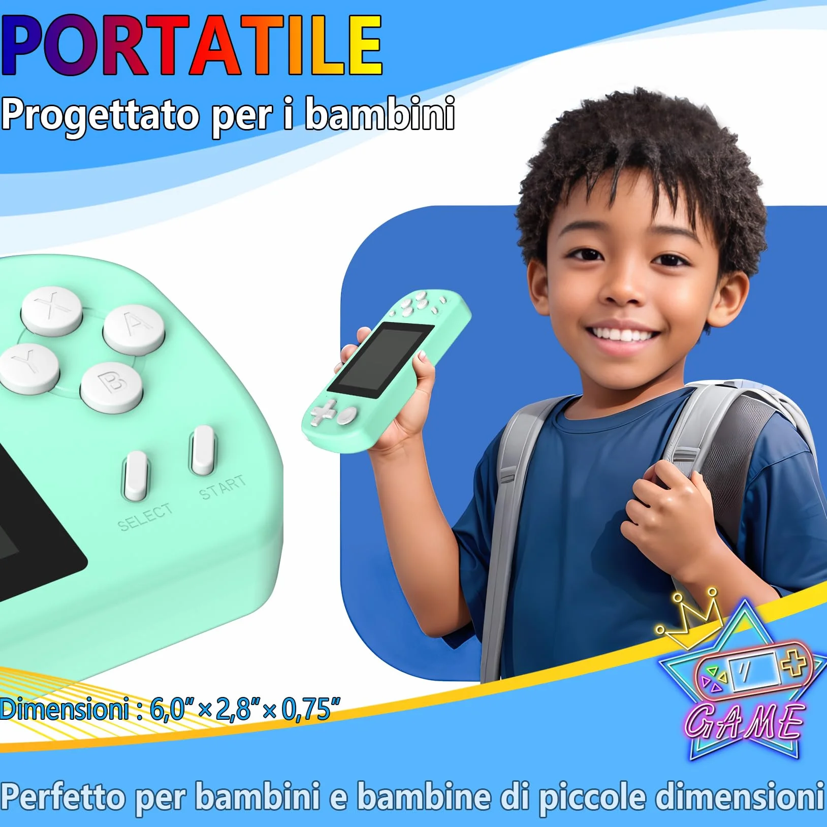 Console Portatile Gaming per Bambini con 218 Videogiochi Retrò Precaricati, Mini Retro Console con Batteria Ricaricabile e Schermo LCD da 3,0”, Regalo Elettronici per Bambini e Bambine, Ciano