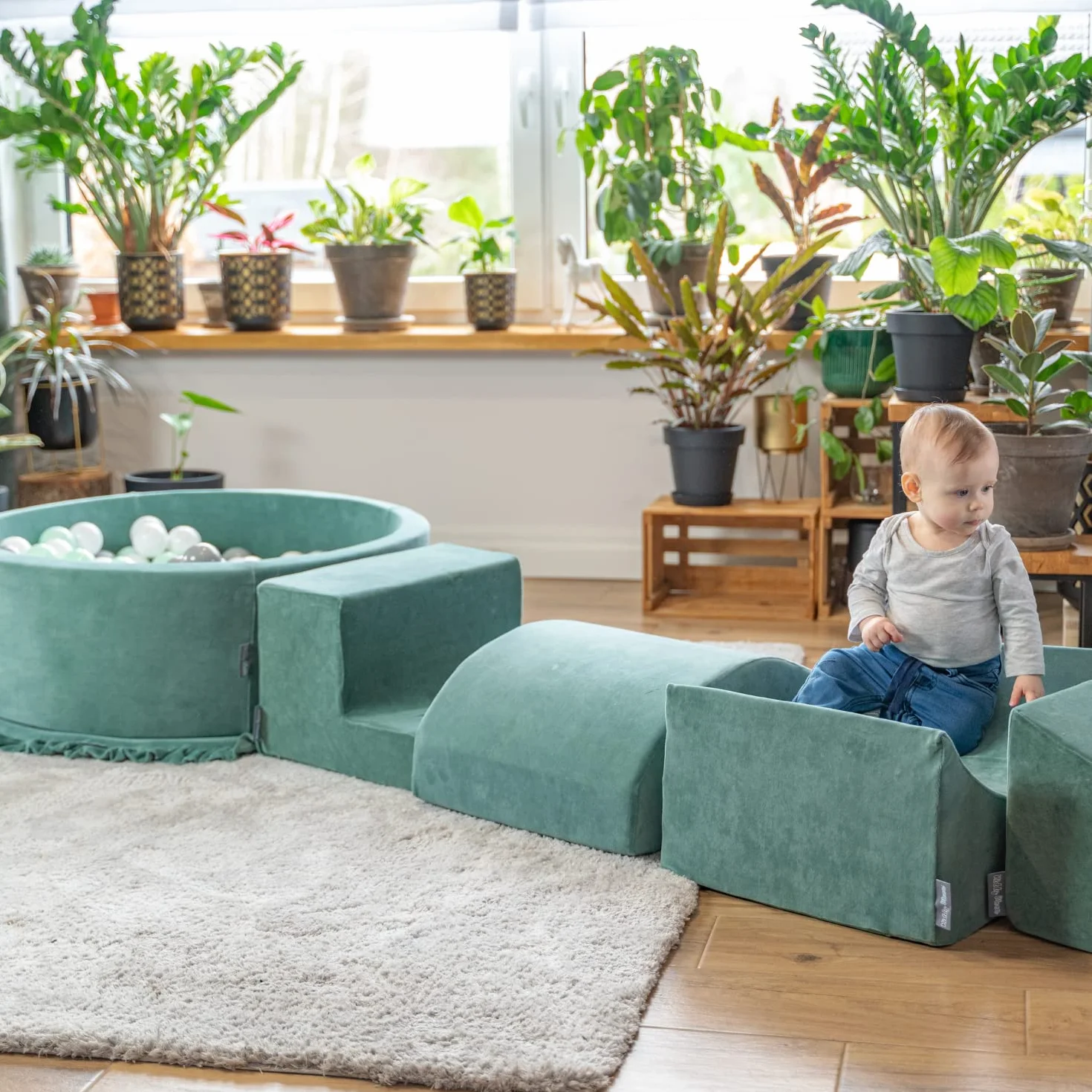 KiddyMoon Area di Gioco in Schiuma con Tondo Piscina di Palline per Bambini Piscina (300 Palline) + Version 5, Verde del Bosco: Turchese Scuro/Beige Pastello/Verde Grigio/Salmone