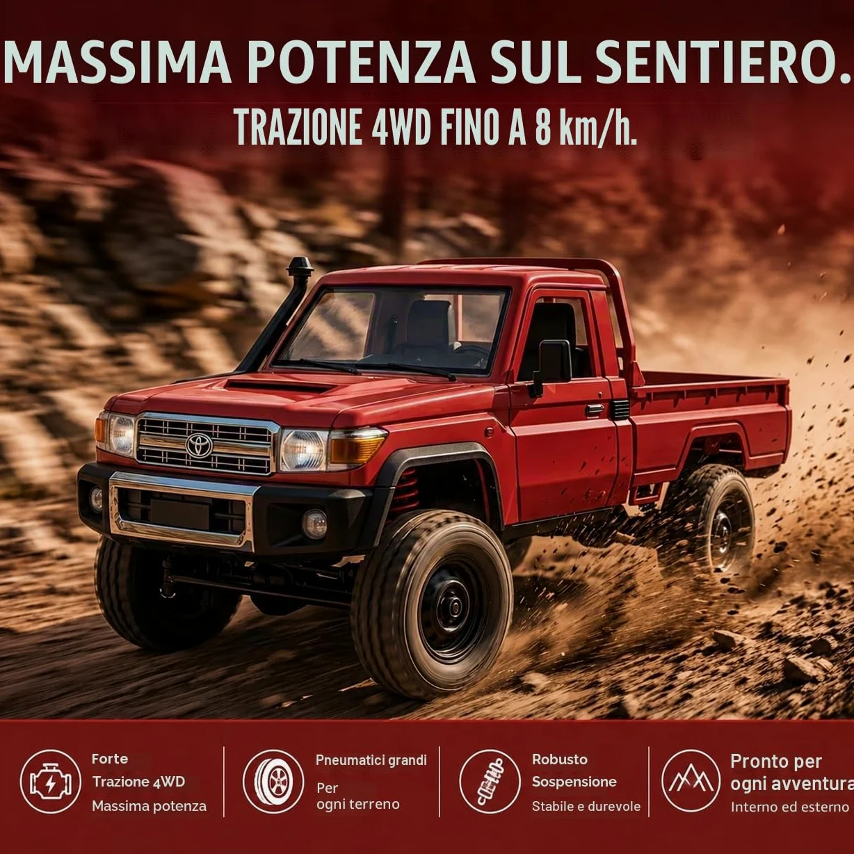 Toyota Land Cruiser | Auto RC telecomandato 1:12 | 4WD Crawler Pickup | Controllo 2,4 GHz 100 m | Luce LED | Li-Ion 7,4 V 500 mAh 30 min | Set completo RTR Offroad (Rosso)