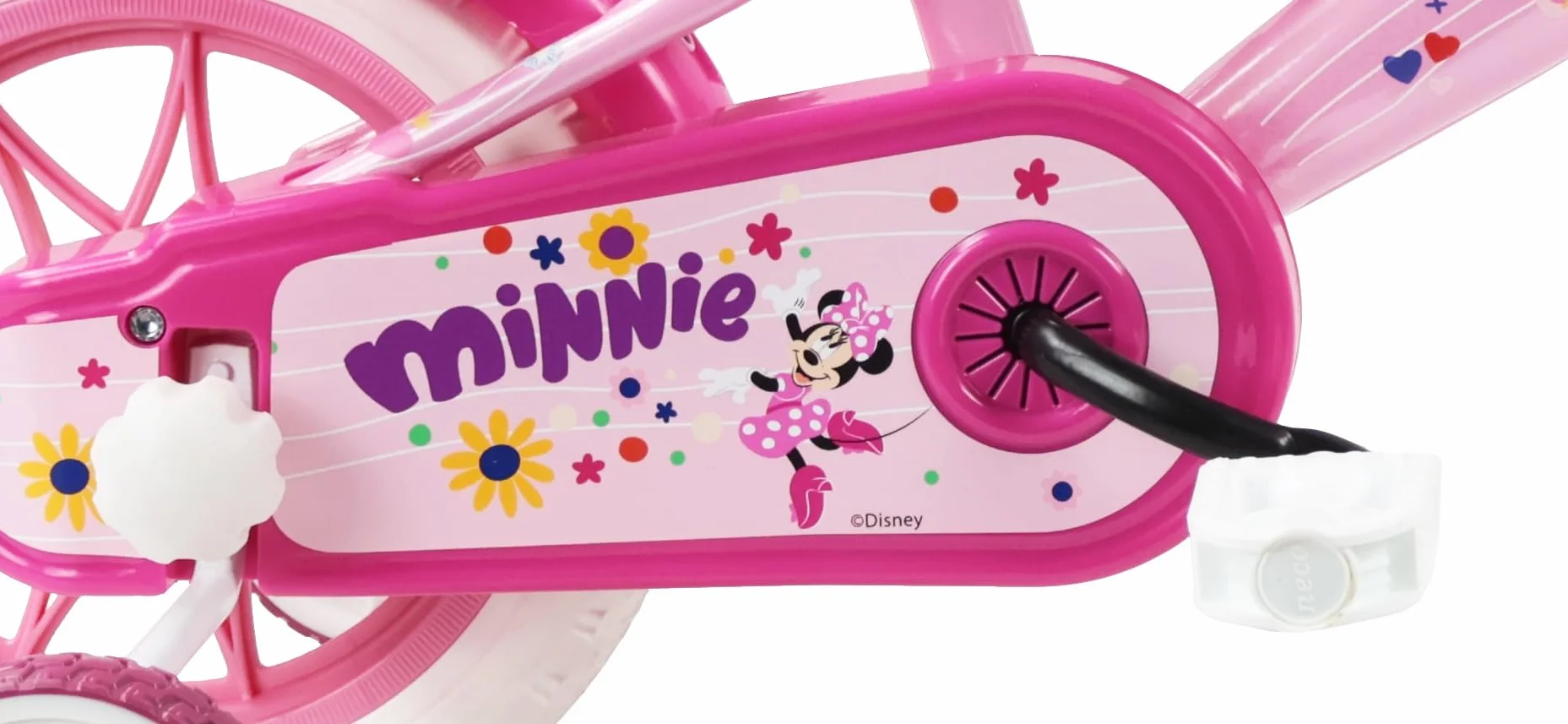 Disney Bicicletta da bambino 12' Minnie dotata di 1 freno, cestino anteriore, porta bambola posteriore, parafanghi, carter e stabilizzatori rimovibili senza attrezzi.