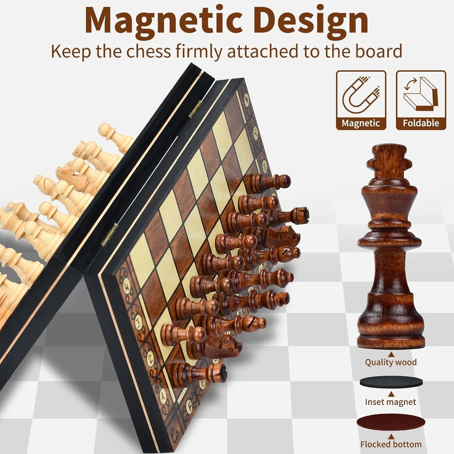 Aissom Scacchiera in Legno 2 in 1 Pieghevole Magnetica Scacchi Backgammon Dama 29x29 cm