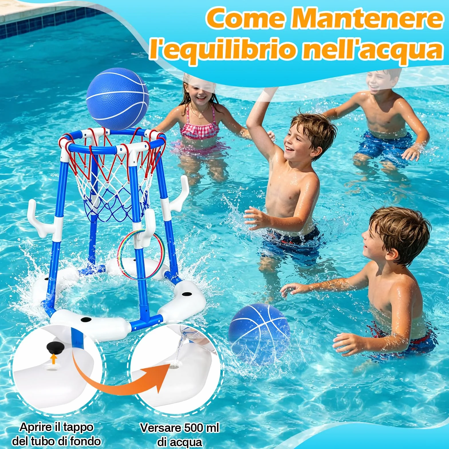 Canestro Basket Piscina, 2 in 1 Canestro da Basket Galleggiante per Piscina, Pool Basketball con 2 Palline, 12 Anelli e Pompa, Giochi Acquatici per Feste in Estive per Bambini e Adulti