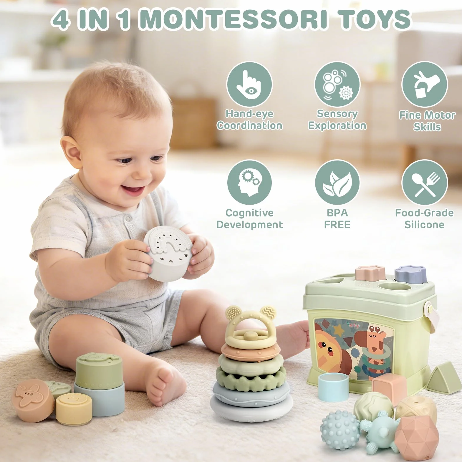 Vanplay Giochi Montessori 6 Mesi, Giochi Neonato 6-9 Mesi, 4 in 1 Giocattoli, Giochi Sensoriali per Neonati, Regalo Neonato 6 9 12 Mesi