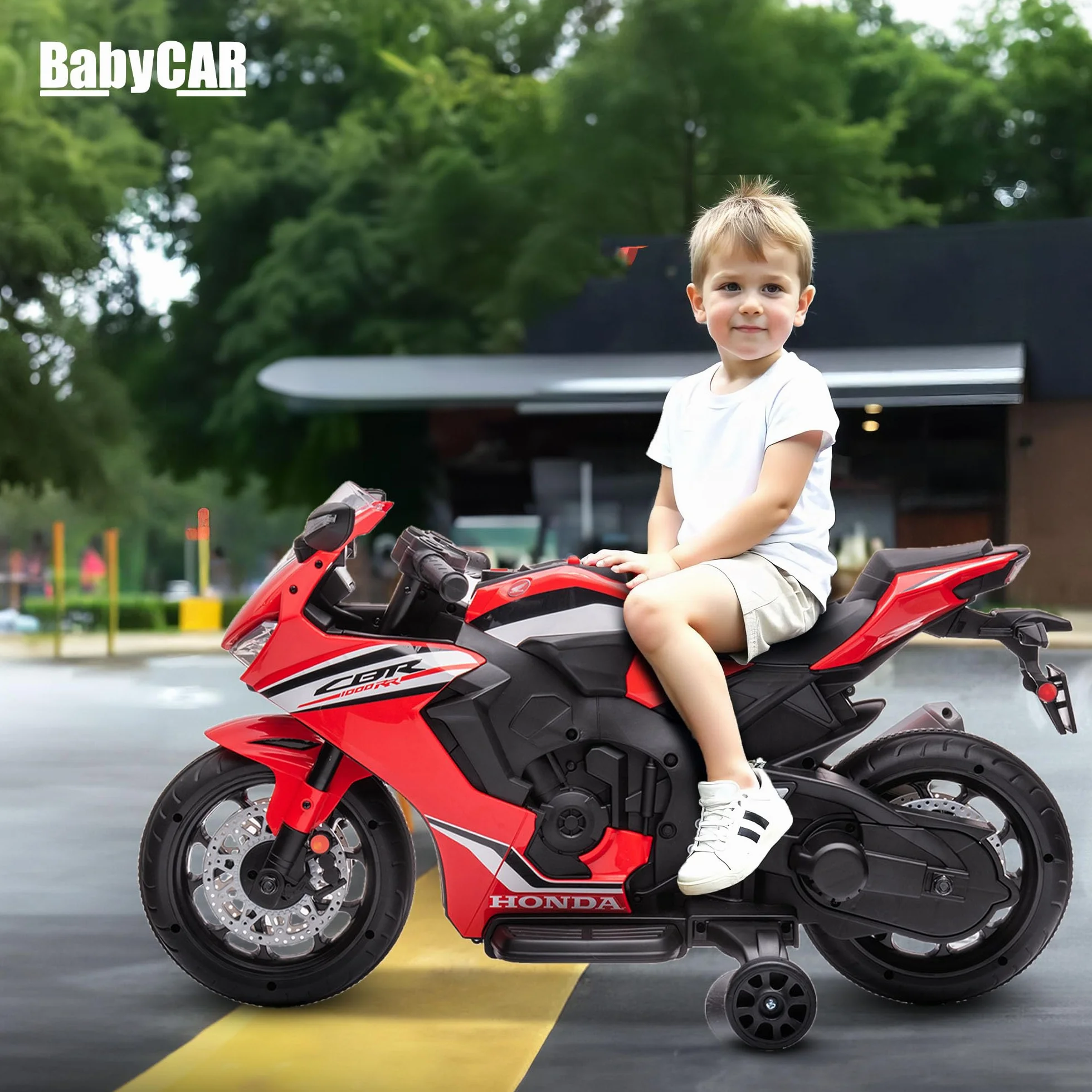 BabyCar Moto Elettrica Bambini Honda CBR 12V | Moto Elettrica Bambini 3-5 Anni con Luci, Suoni e Rotelle Stabilizzatrici | Batteria 12V 3,5Ah, Motore 30W e Acceleratore a Pedale | Rosso