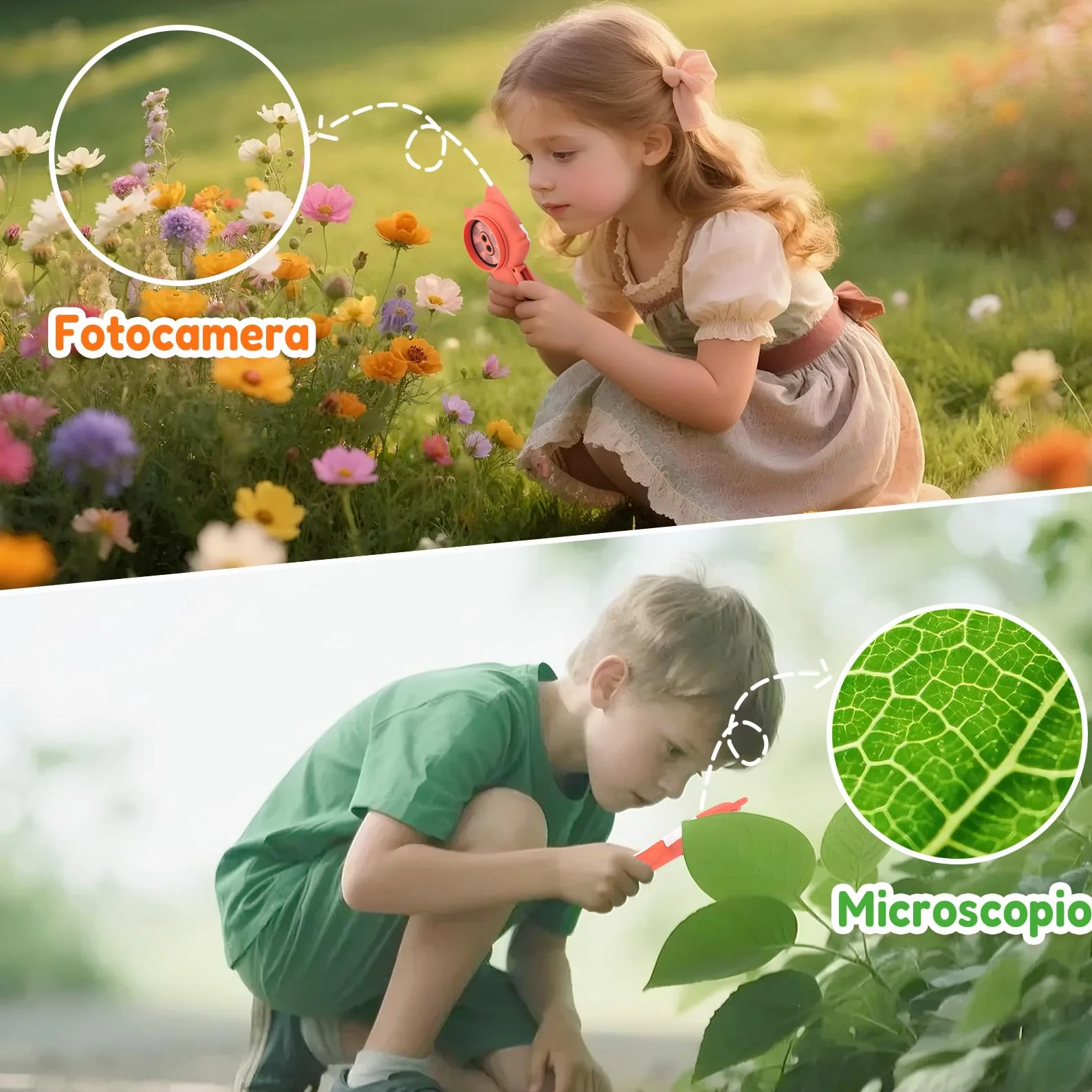 Microscopio digitale 2 in 1 per bambini, un obiettivo per fotocamera e un obiettivo per microscopio, microscope for kids 100X, piccoli esploratori, 16GB, Panda