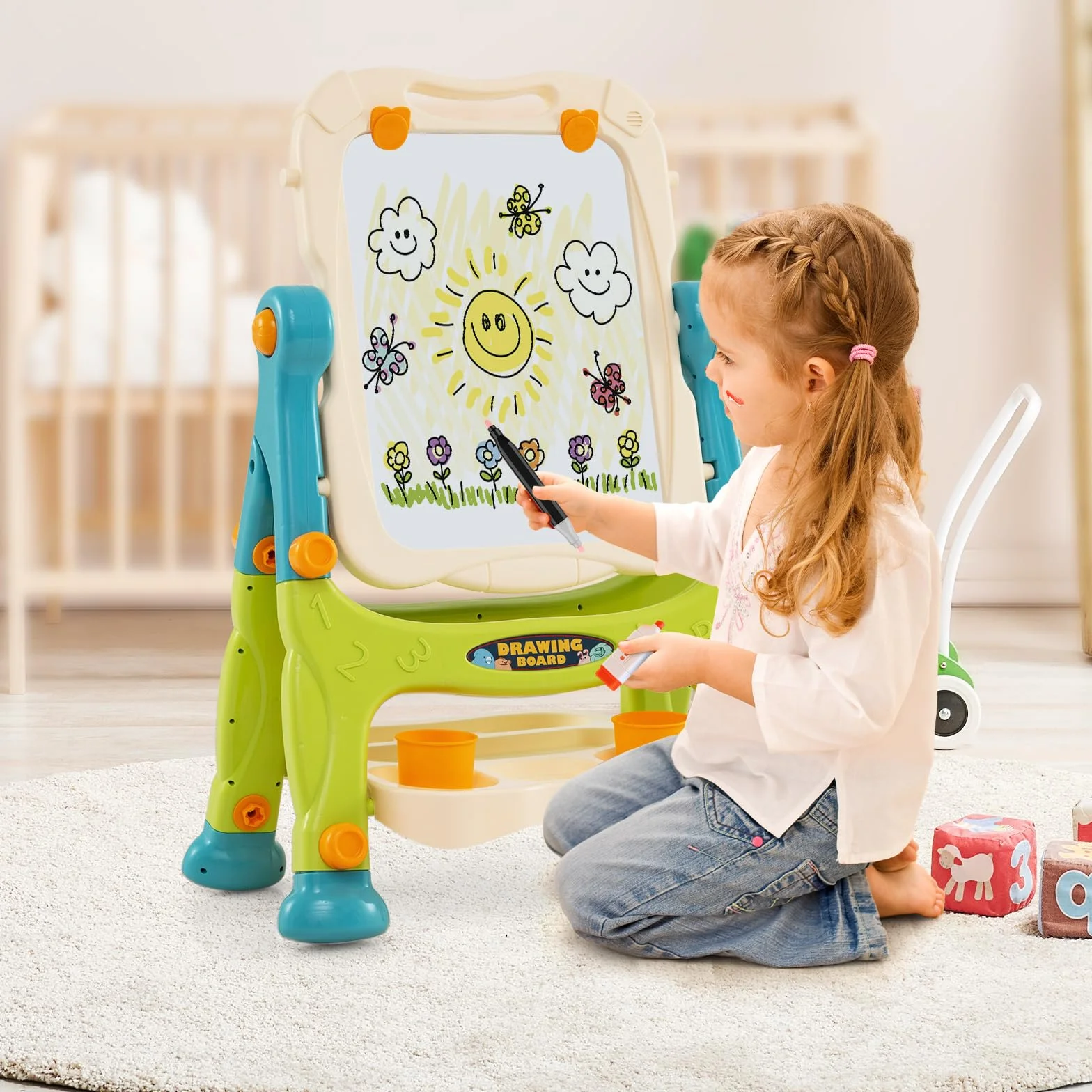 COSTWAY Cavalletto per Bambini Lavagna Magnetica a Doppia Faccia Regolabile in Altezza Tavolo da Disegno Staccabile con Manico Portatile 2 Tazze 3 Anni+
