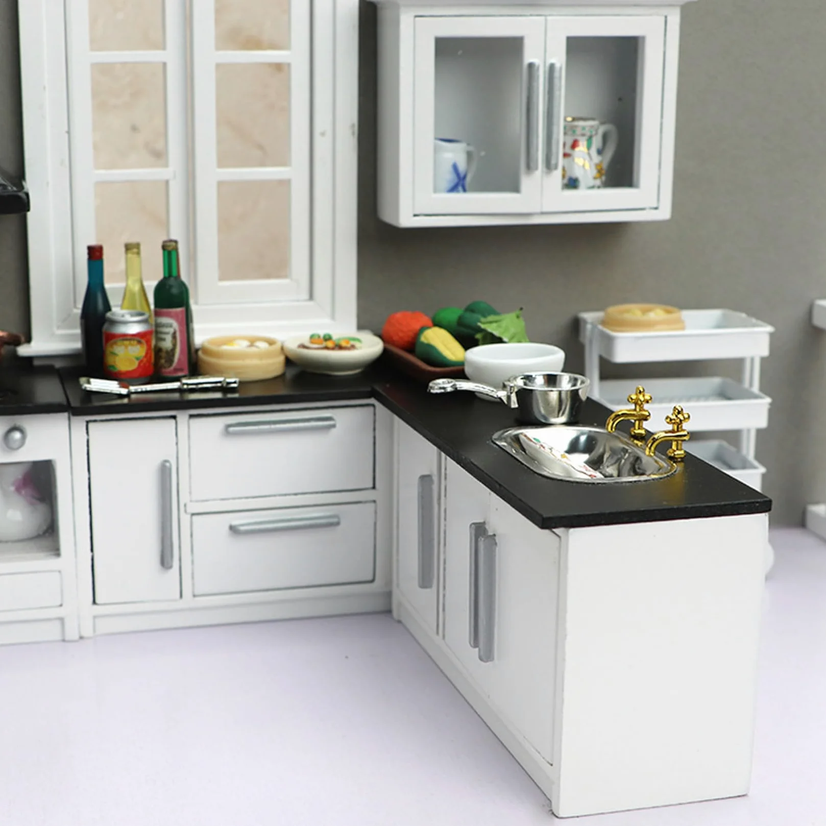 Set da cucina per casa delle bambole in legno, mobili in miniatura 7 pezzi scala 1:12, accessori di simulazione per scene di decorazioni per case delle bambole