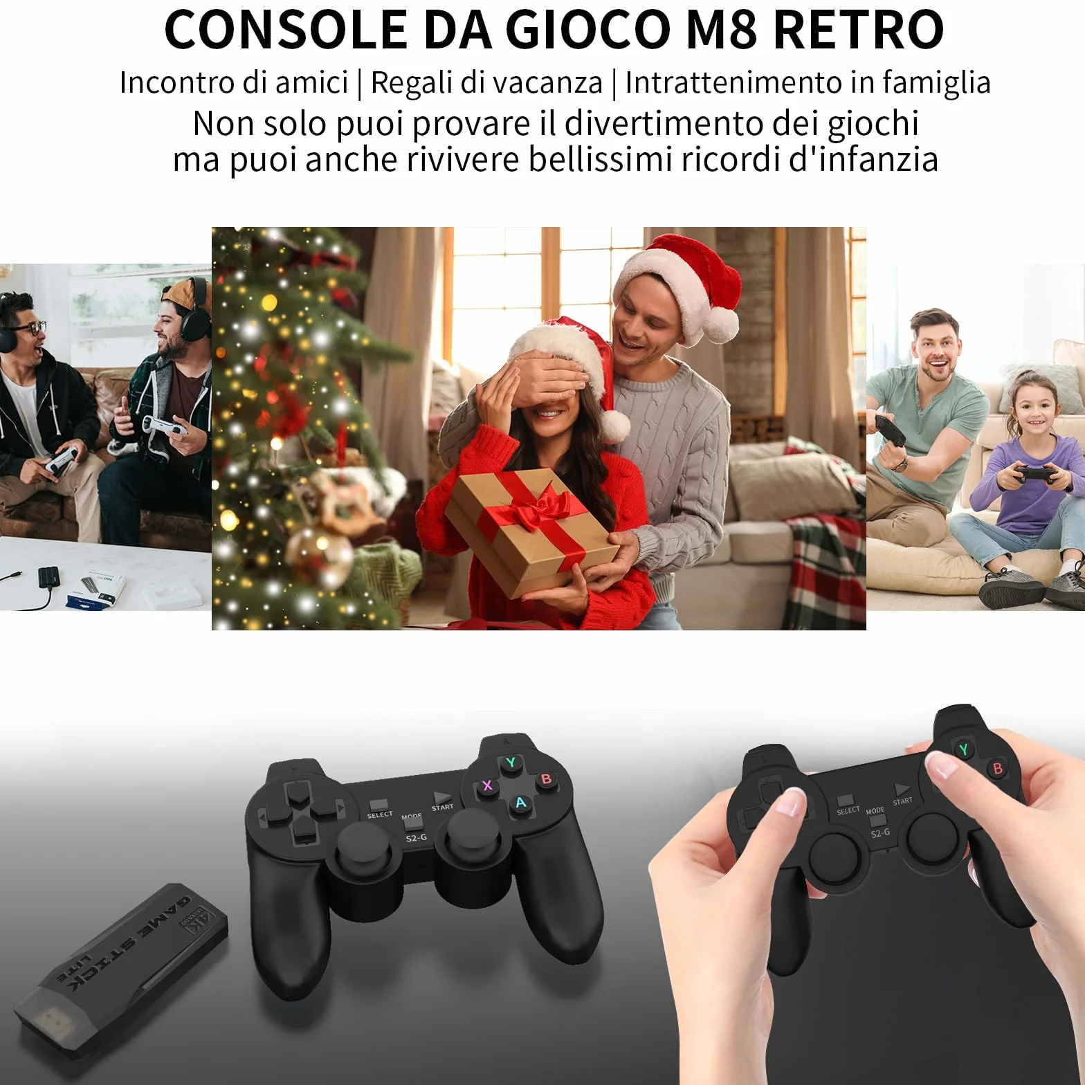 Console di Gioco Wireless Retrò M8, Plug and Play Mini Game Stick, 20,000+ Videogiochi Classici, Dotato di Doppio Controller di Gioco Senza Fili 2.4G, 9 Simulatori, Uscita HD 4K