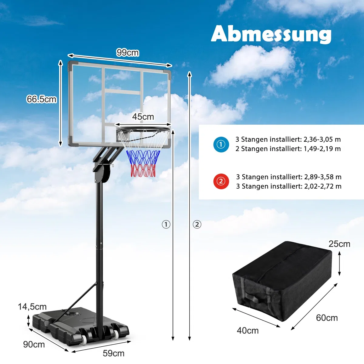 GYMAX Canestro da basket per esterni, altezza regolabile 204-358 cm, supporto da basket con ruote e base riempibile, impianto mobile per adolescenti e adulti