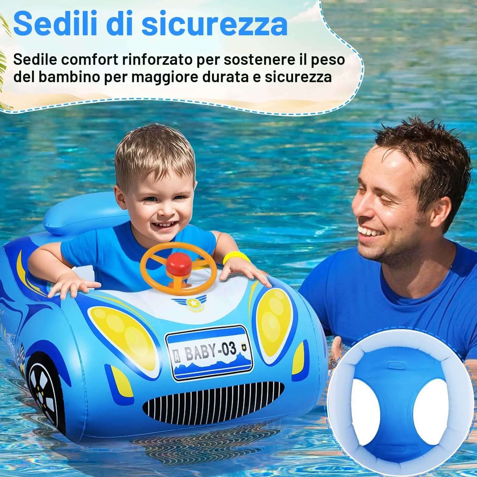 Salvagente Neonato Forma a forma di auto Tetto parasole Protegge dai raggi del sole Sedile sicuro e comodo Tromba giocattolo Regali d'acqua estivi Piscina Bambino 6-36 mesi