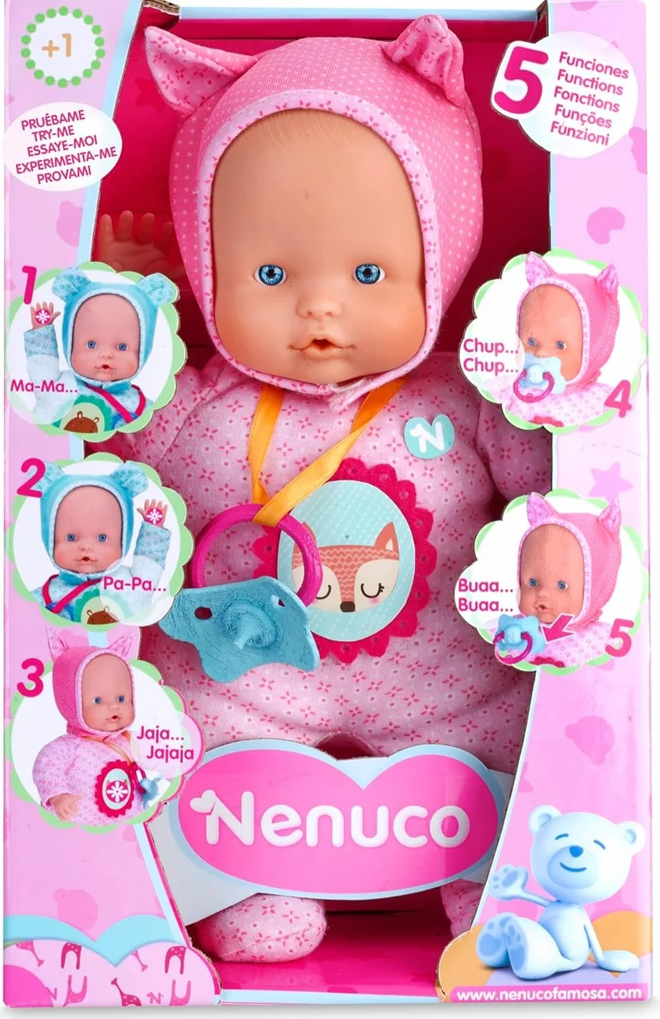 Nenuco - Blandito 5 Funzioni Rosa, Emette Suoni di Ciuccio e Succhiamento del Pollice come un Vero Bambino, Ride, Piange, Dice Mamma e Papà. Regalo per Bambini da 1 a 3 Anni FAMOSA (700014781)