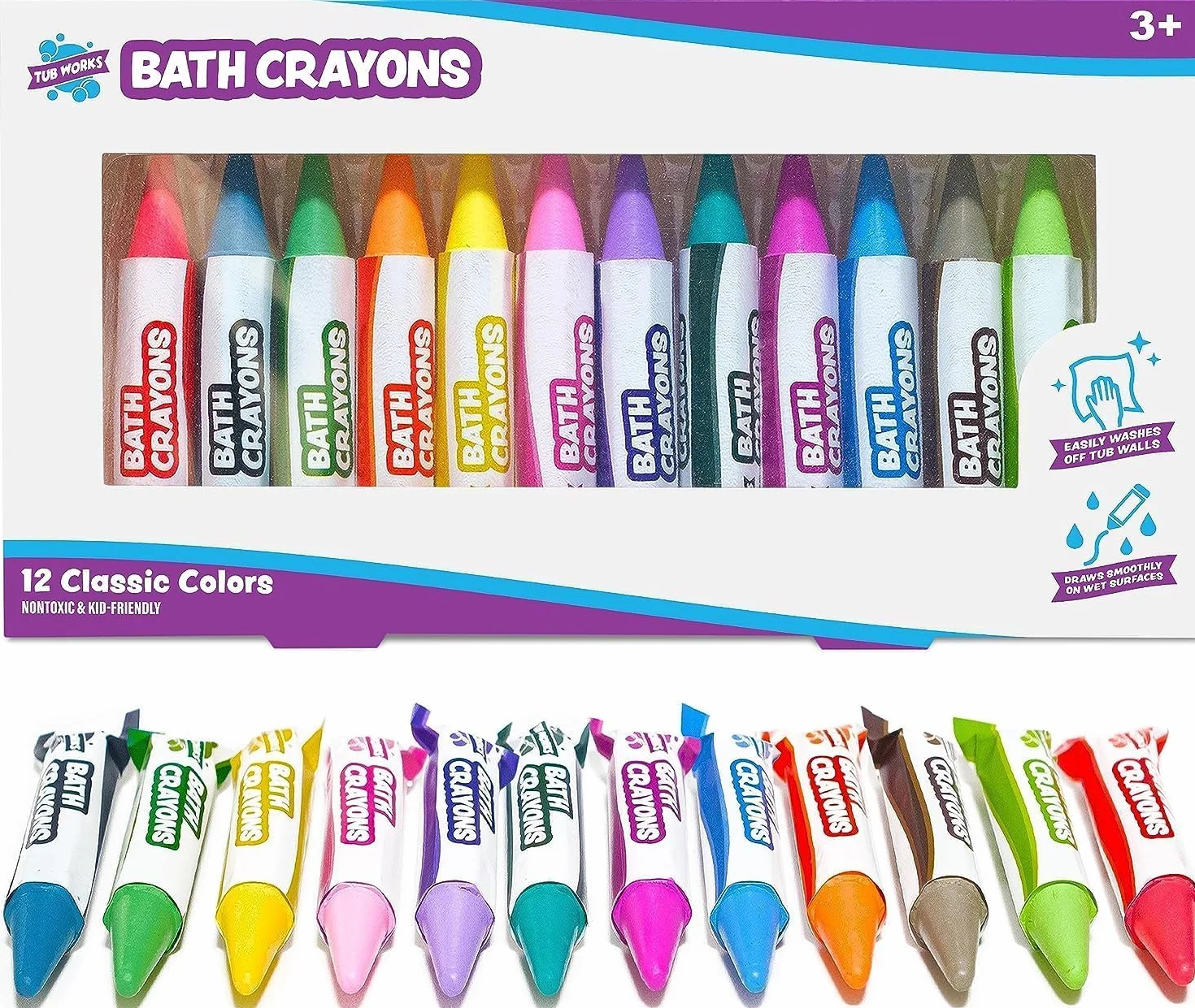 Tub Works® Pastelli da bagno, giocattolo per il bagno, confezione da 12 | Matite da bagno atossiche e lavabili per bambini | Disegna sulle pareti della vasca bagnata e asciutta | Forma esagonale
