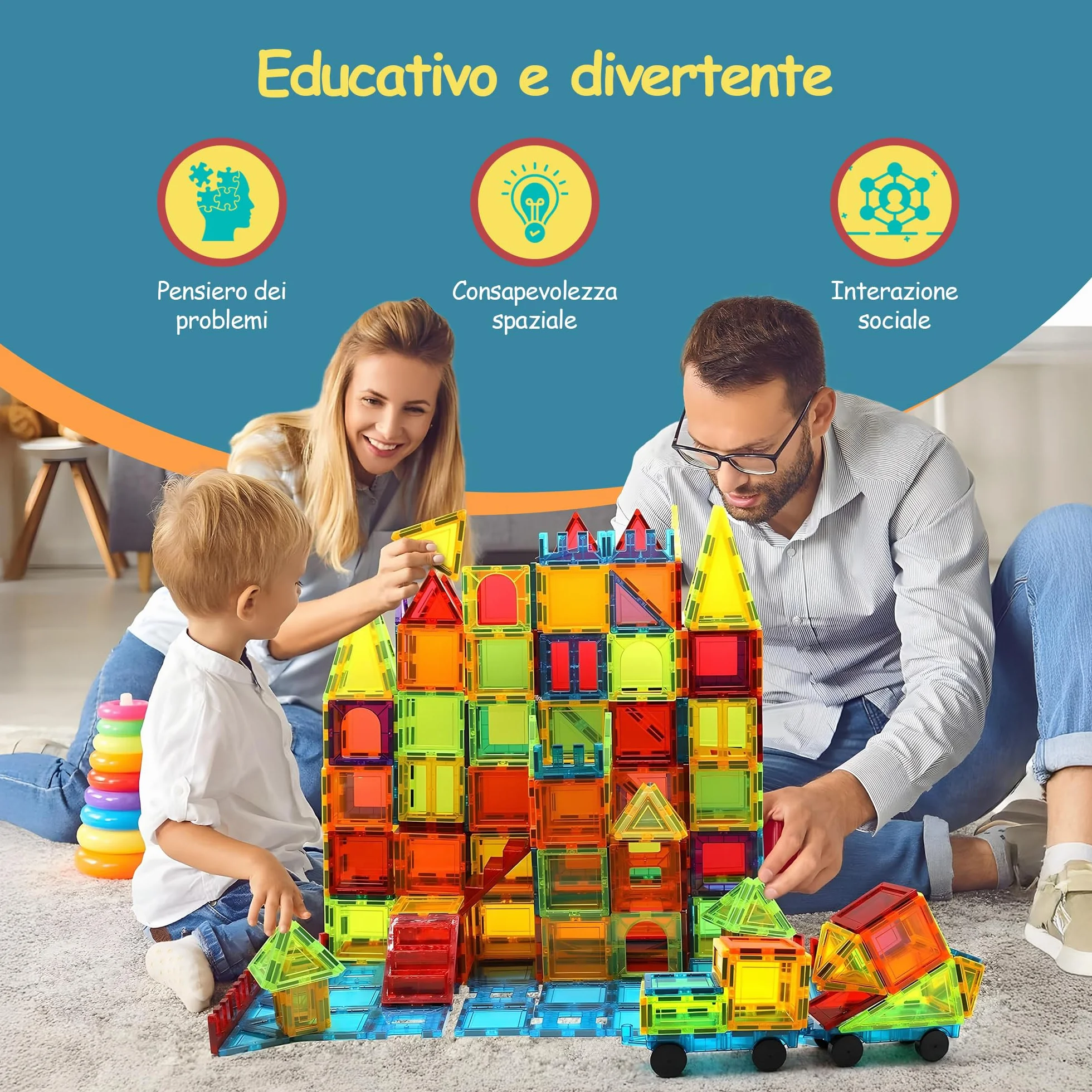 Olvy Set 74 Blocchi Magnetici per Bambini, Piastrelle Magnetiche Montessori, Gioco di Costruzioni 3+ Anni