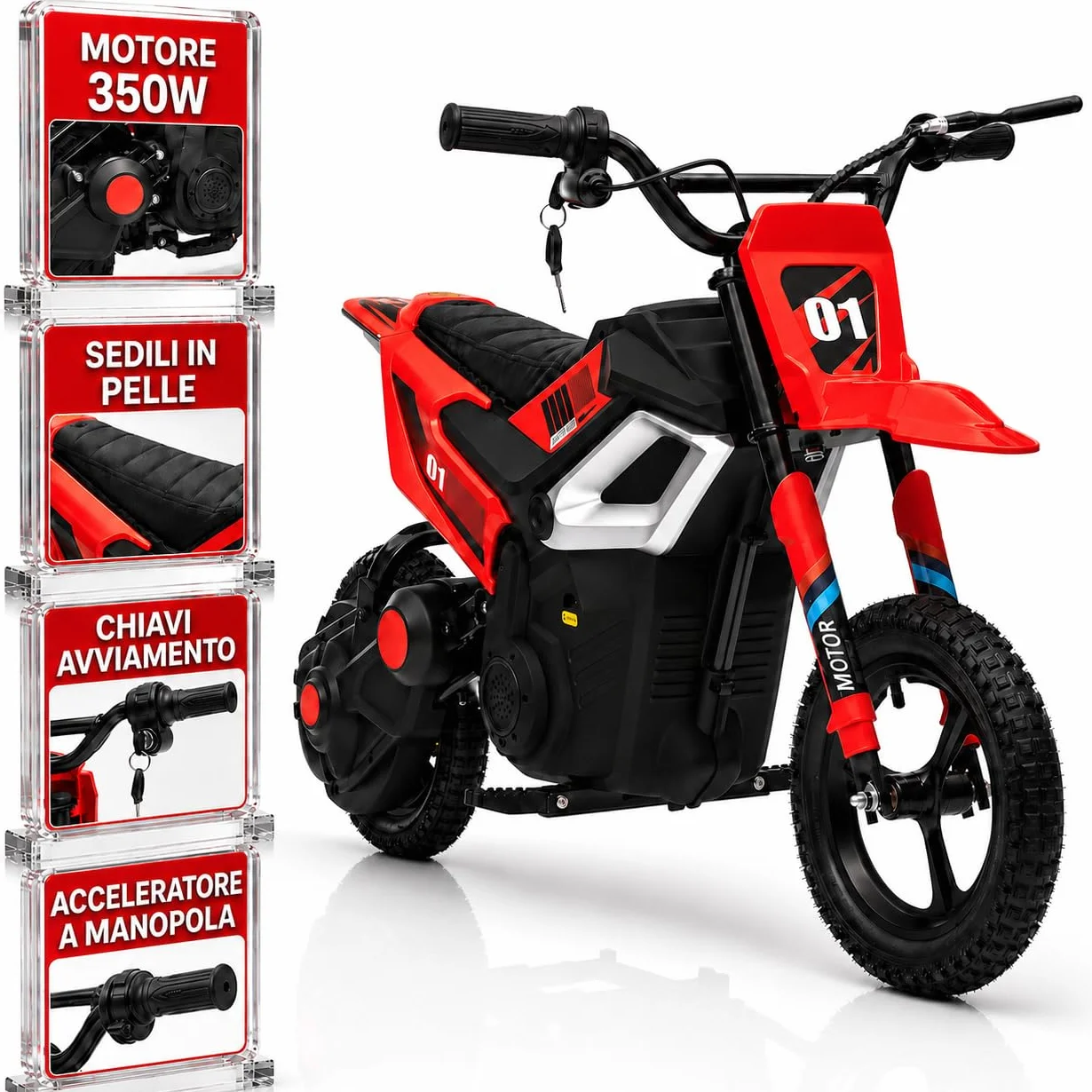 TOYSCAR Moto Elettrica per Bambini 24V 10Ah Thunder Pro Motore 350W, Minimoto Elettrica Moto Cross Elettrica, Pit Bike Elettrica, Ruote Gonfiabili 12" Freno a Disco, Sedile in Pelle, 5-10 Anni (Rosso)