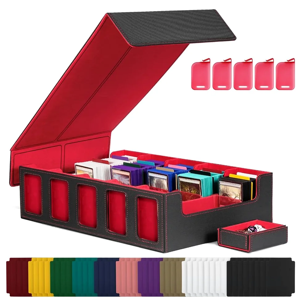 Scatola per carte collezionabili con 5 file, con coperchio rimovibile, per carte da gioco e sport, colore: nero/rosso