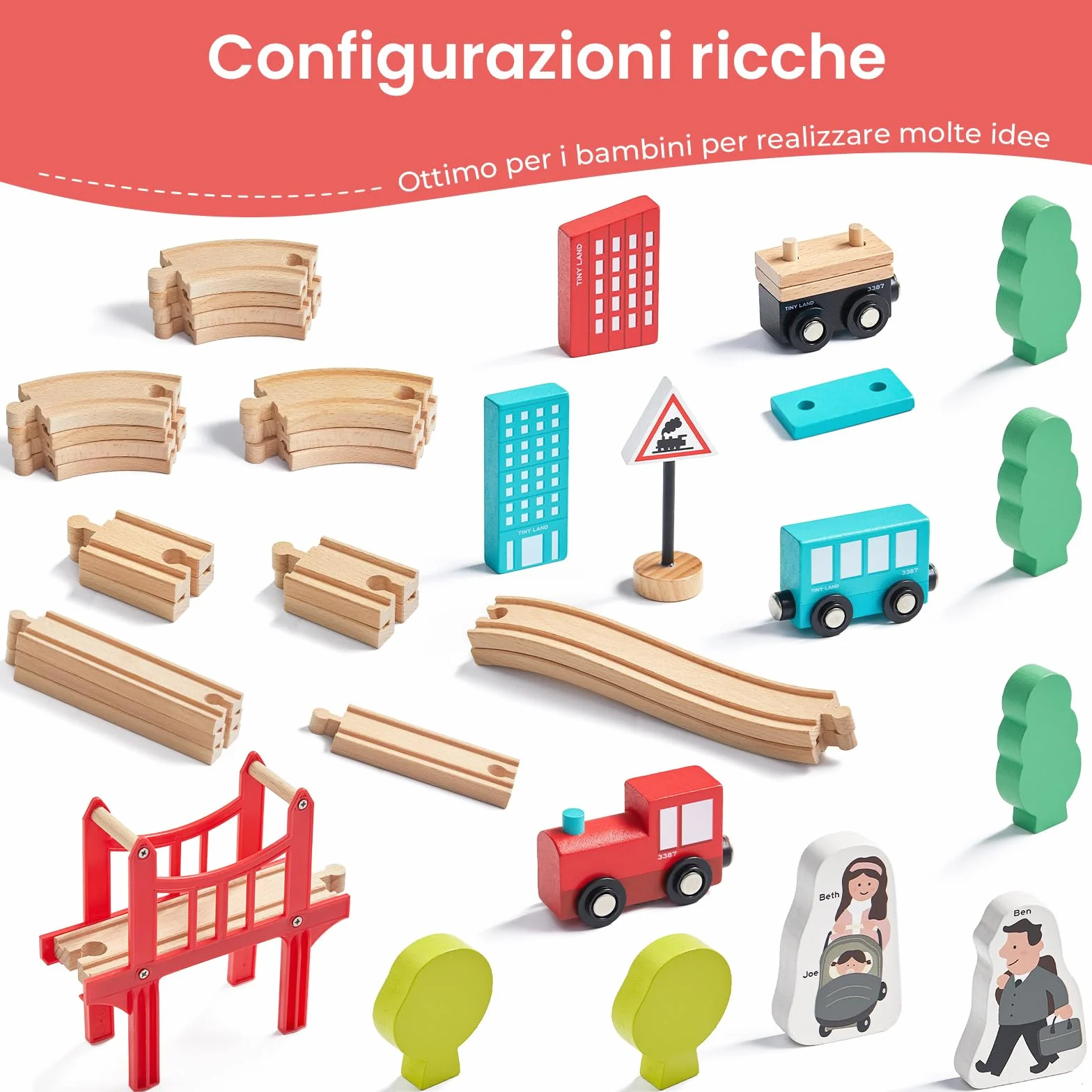 Tiny Land Pista Treno in Legno, Set Ferrovia in Legno (39 pcs) Pista Macchinine giochi legno bambini trenino natale