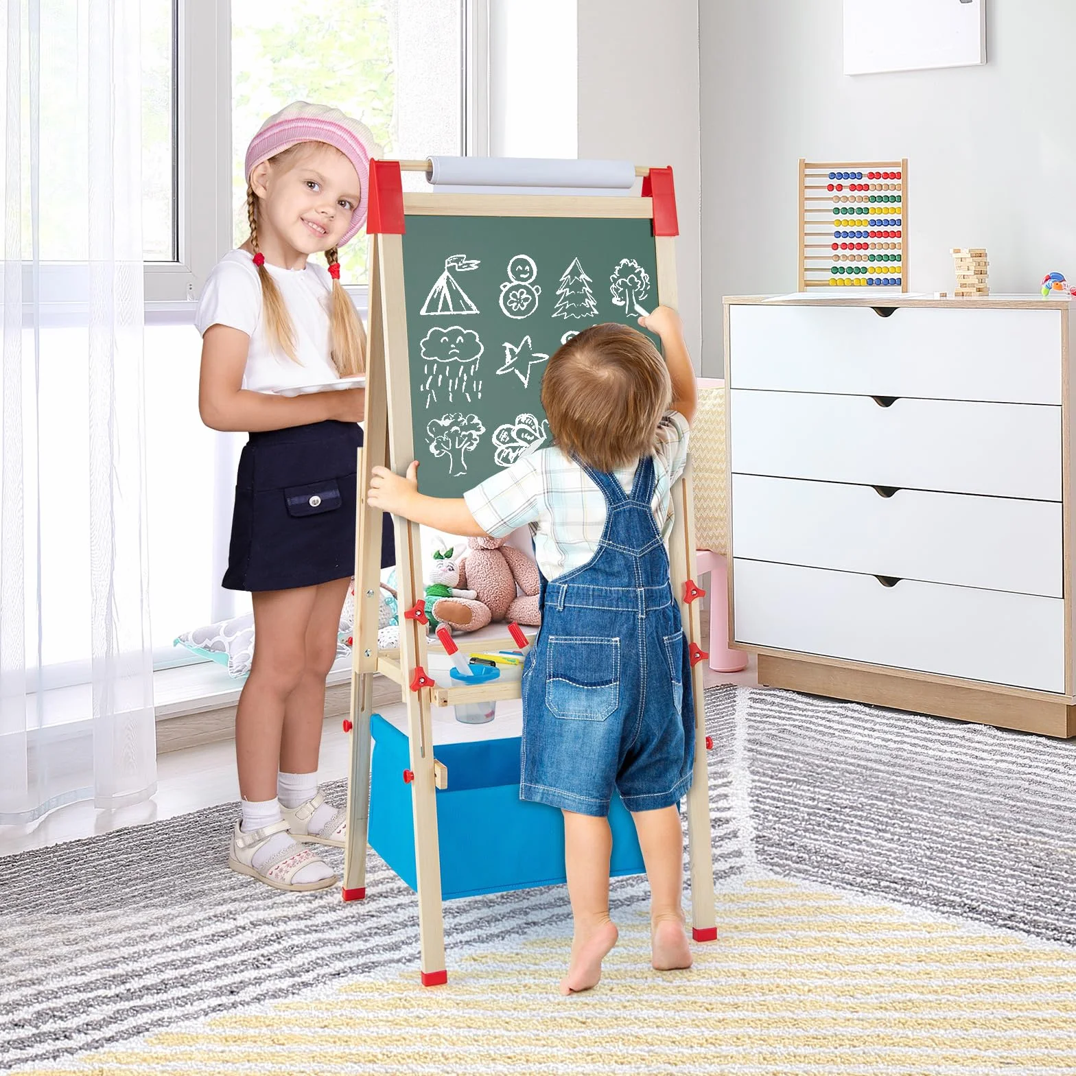 RELAX4LIFE Cavalletto per Bambini Regolabile in Altezza Legno Doppia Faccia Lavagna Magnetica Bianca Rotolo Carta Accessori Pittura