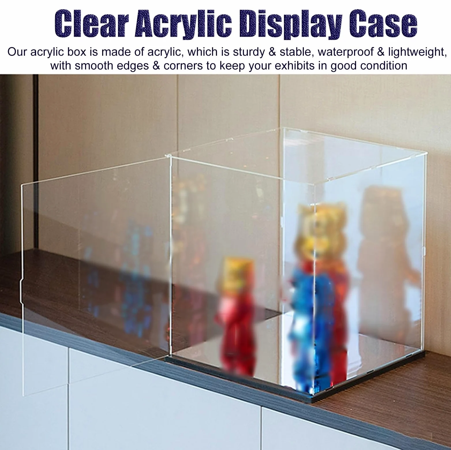 Teca Plexiglass Espositore in Acrilico con Anta, Lunghezza 10-50 cm, Vetrina in Plastica con Design a Specchio, Vetrina Rettangolare Impilabile per Souvenir(L35xW35xH35cm/14x14x14)