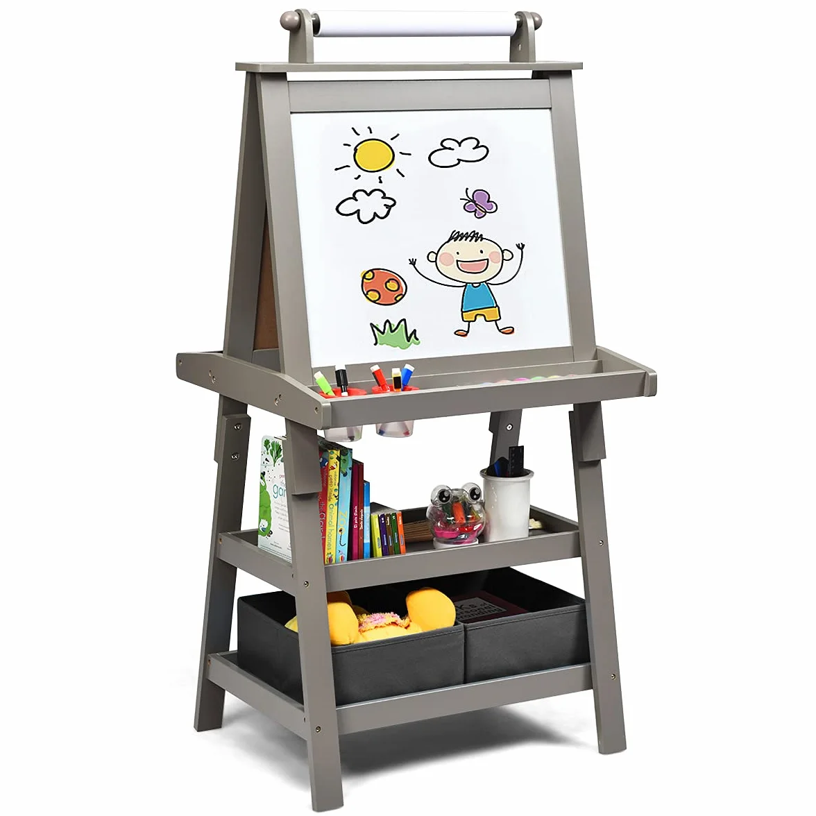 LIFEZEAL 3 in 1 - Lavagna per bambini, doppio lato, bianco e nero, cavalletto per bambini 3+ anni, con 2 scatole di immagazzinaggio, 2 ripiani, giocattolo educativo (grigio)