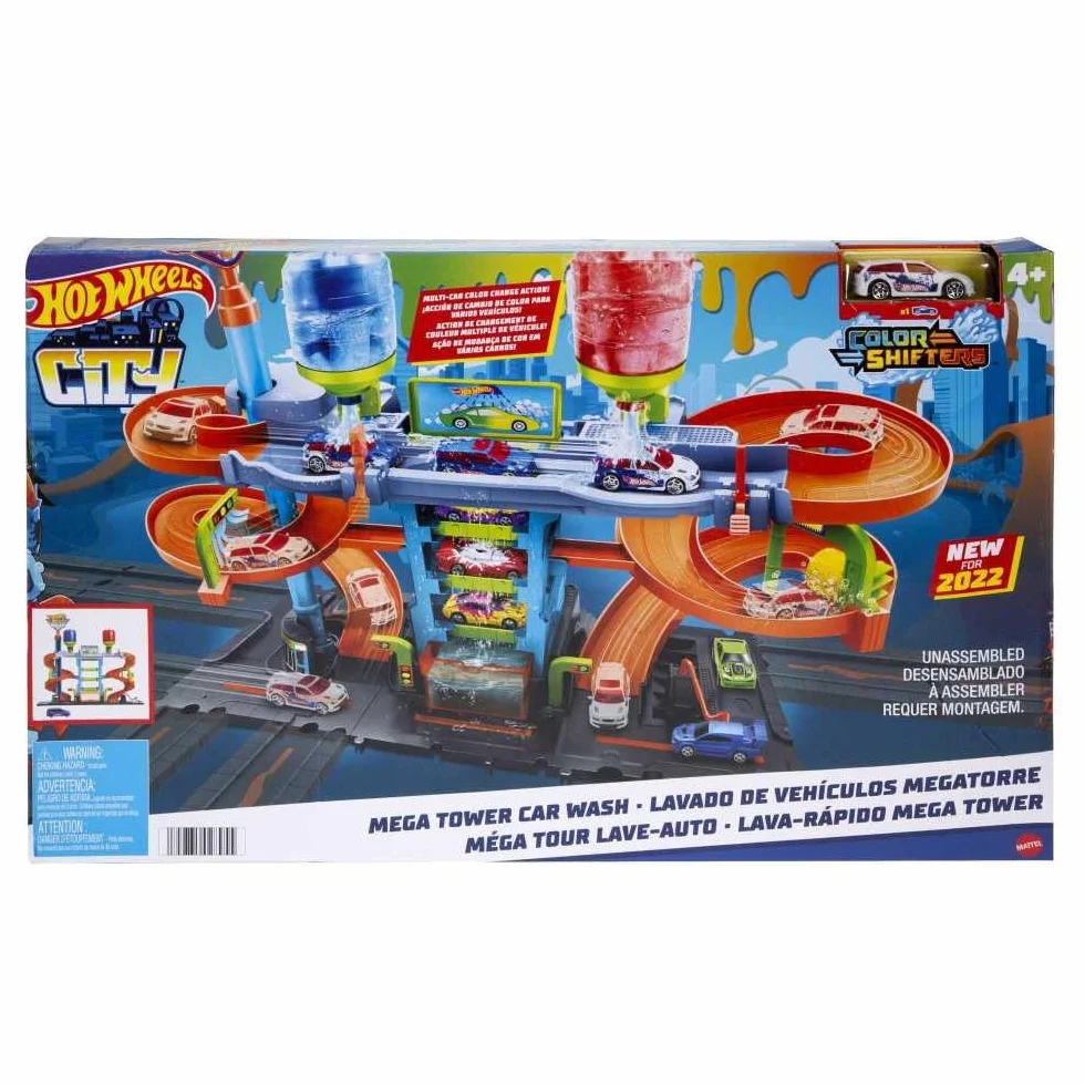 Hot Wheels - Hot Wheels City Mega Torre Autolavaggio, 1 macchinina Color Shifters, pratici serbatoi per acqua calda e fredda, si collega ad altri set, Giocattolo per Bambini 4+ Anni, HDP05
