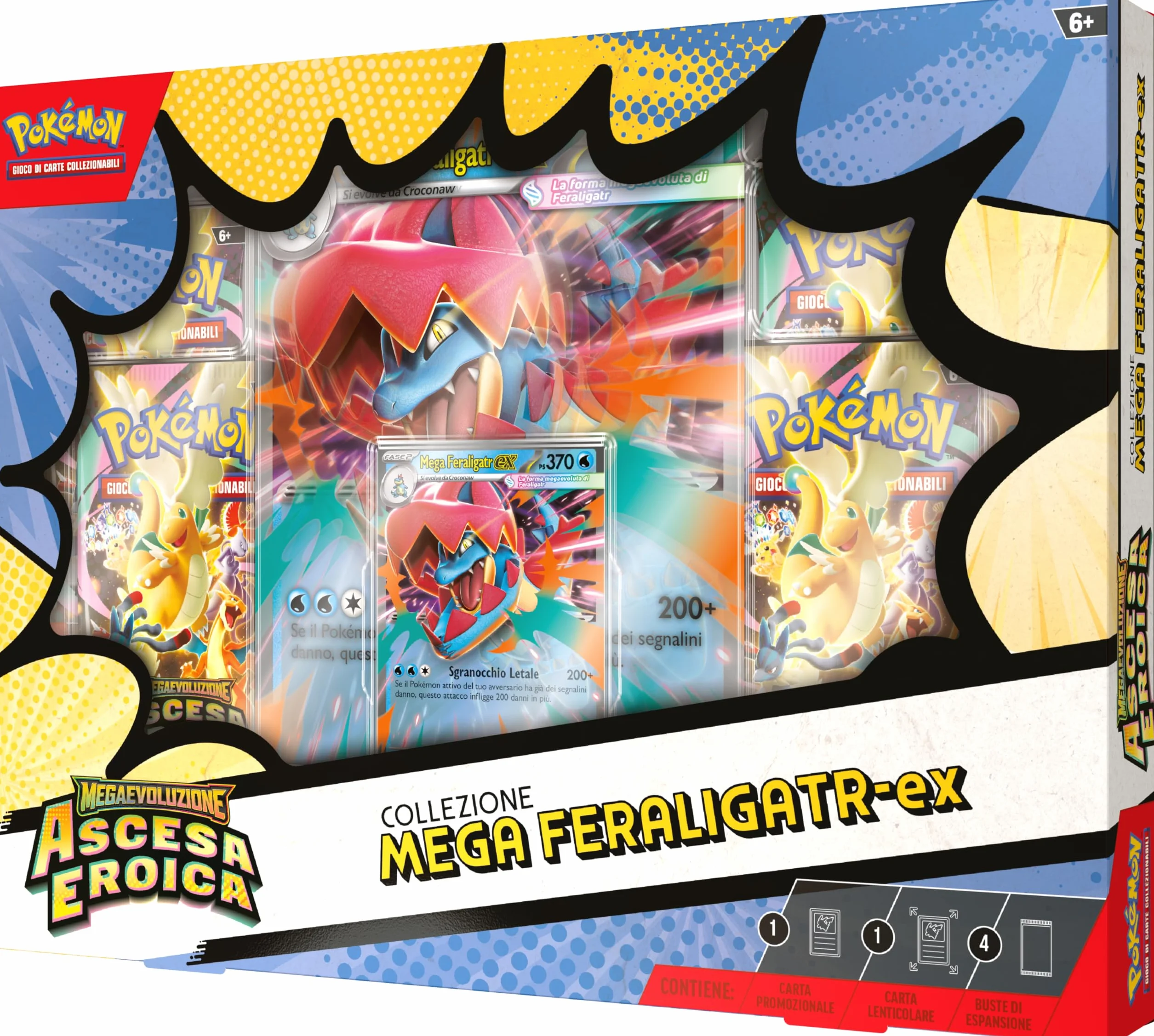 Pokémon: collezione Mega Feraligatr-ex dell’espansione Megaevoluzione - Ascesa Eroica del GCC Pokémon (una carta promozionale olografica, una carta lenticolare gigante e quattro buste di espansione)