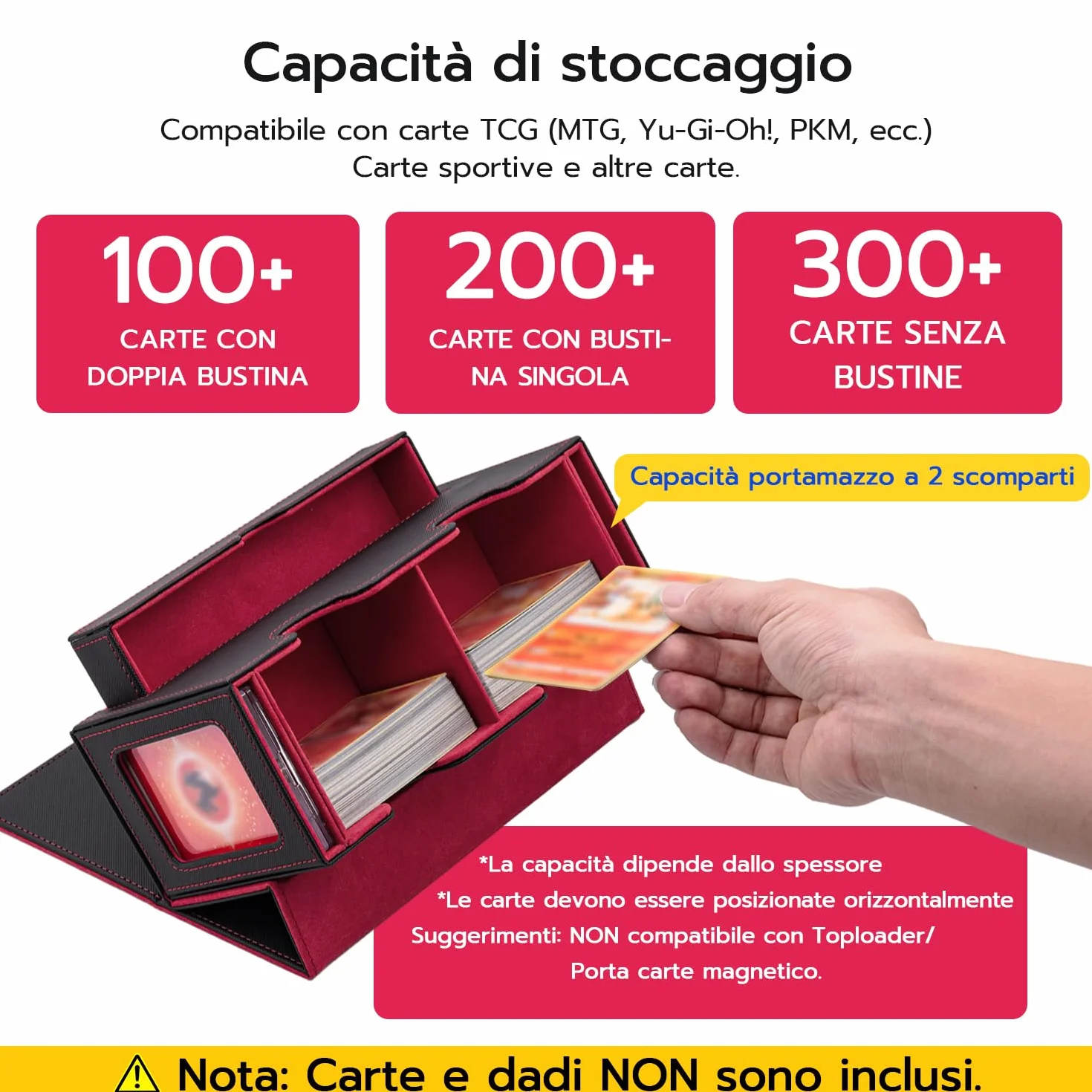 Tolesum Doppio Deck Box Porta Mazzo per MTG, Capacità di 300+ New Carte Senza Maniche con 1 Dice Tray,Magnetic Flip Deck Box per Scatola di Carte di Collezione Magic Commander TCG -Nero e Rosso