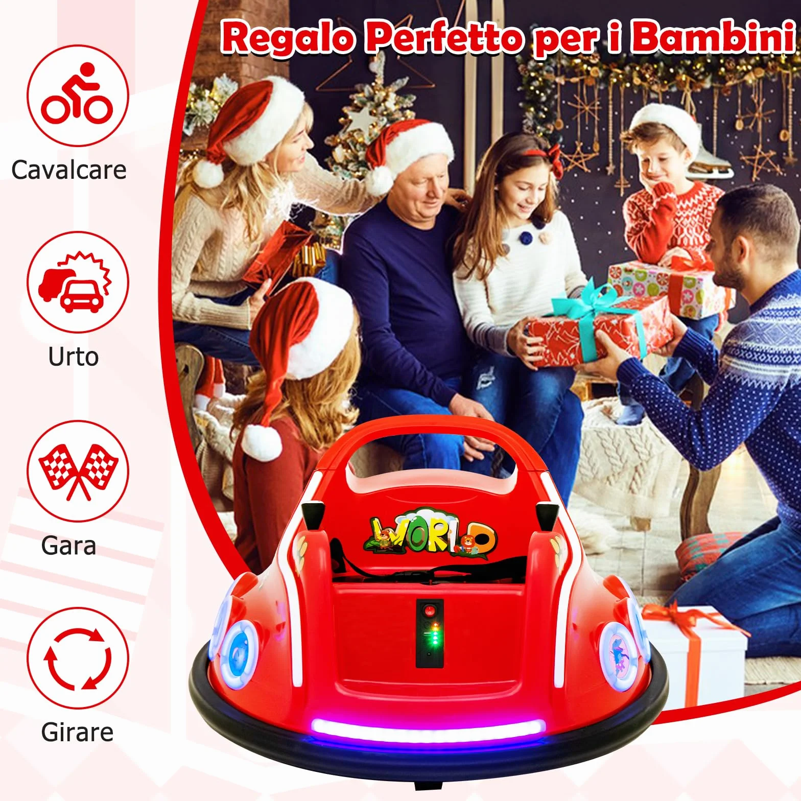 Auto Elettrica 12V per Bambini 3+ con Telecomando 2,4G, Rotazione 360°, Luci e Musica, 73x73x43 cm Rosso