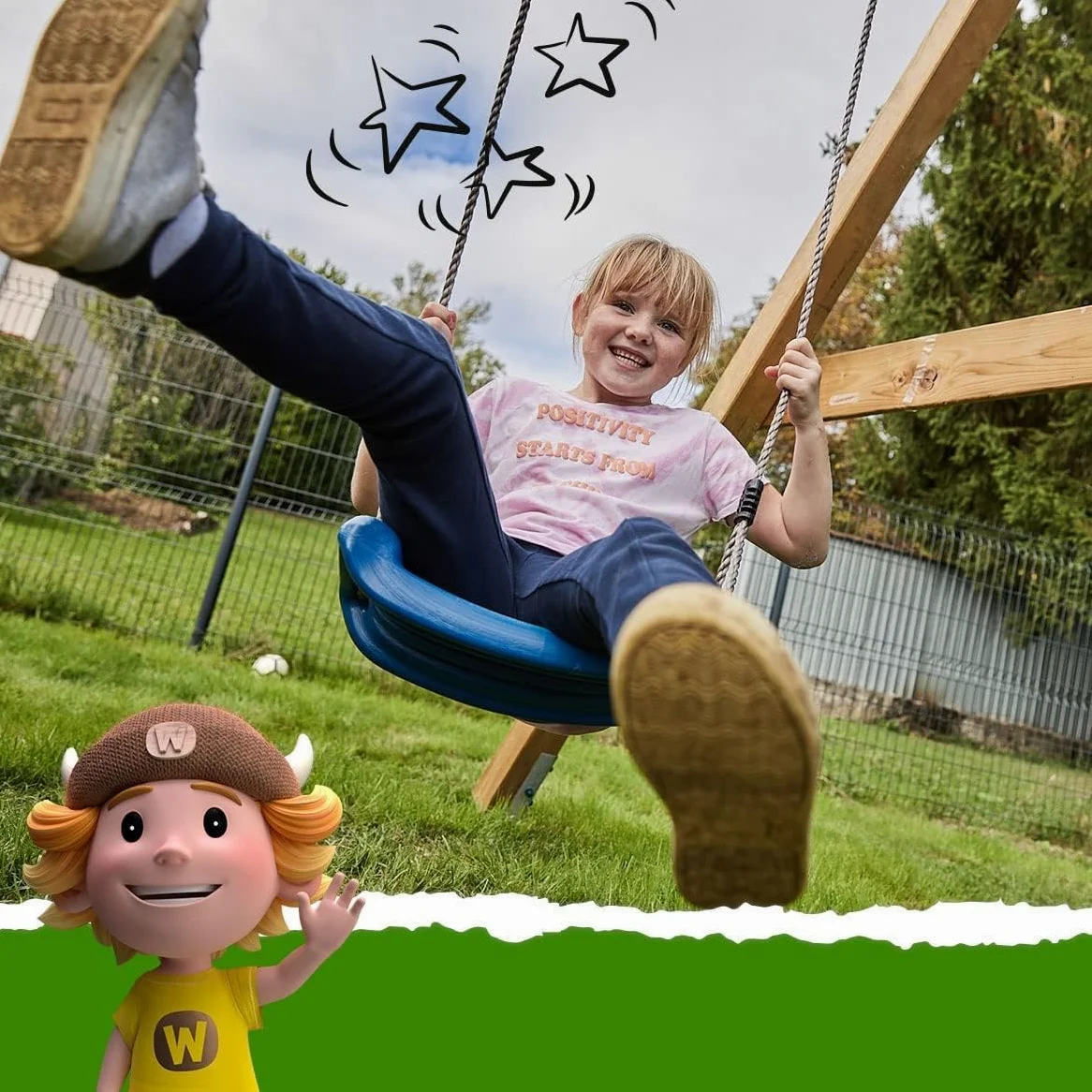 Altalena WICKEY Smart Move gioco per bambini con struttura in legno e seggiolini color blu, altalena doppia in legno da esterno o da giardino