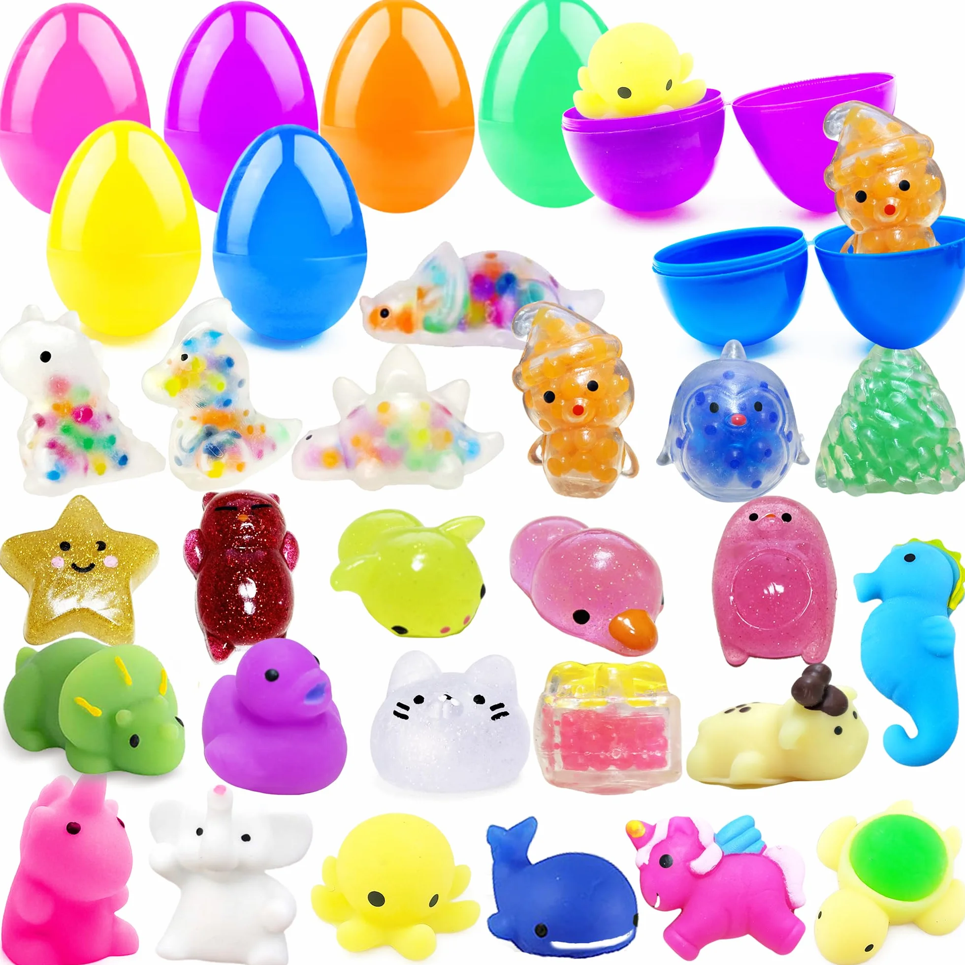 Uova Di Pasqua Preriempita Con 24 Pezzi Di Mini Mochi Toys, 24 Pezzi Uova Di Plastica Colorate Piene Di Giocattoli,Antistress Mochi Toys, Caccia All'Uovo Di Pasqua,Regalo Bambini Pasqua