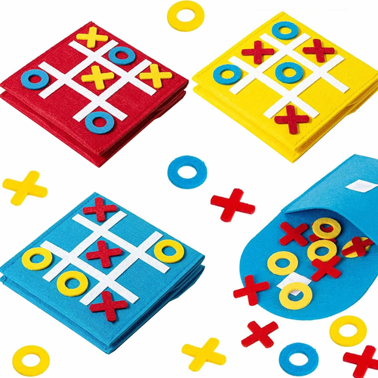 6 Pezzi Giochi Tris in Feltro 12x12 cm, Set Tic Tac Toe Portatile per Bambini, Gioco da Viaggio per Feste Compleanno Scuola (Rosso, Giallo, Blu)