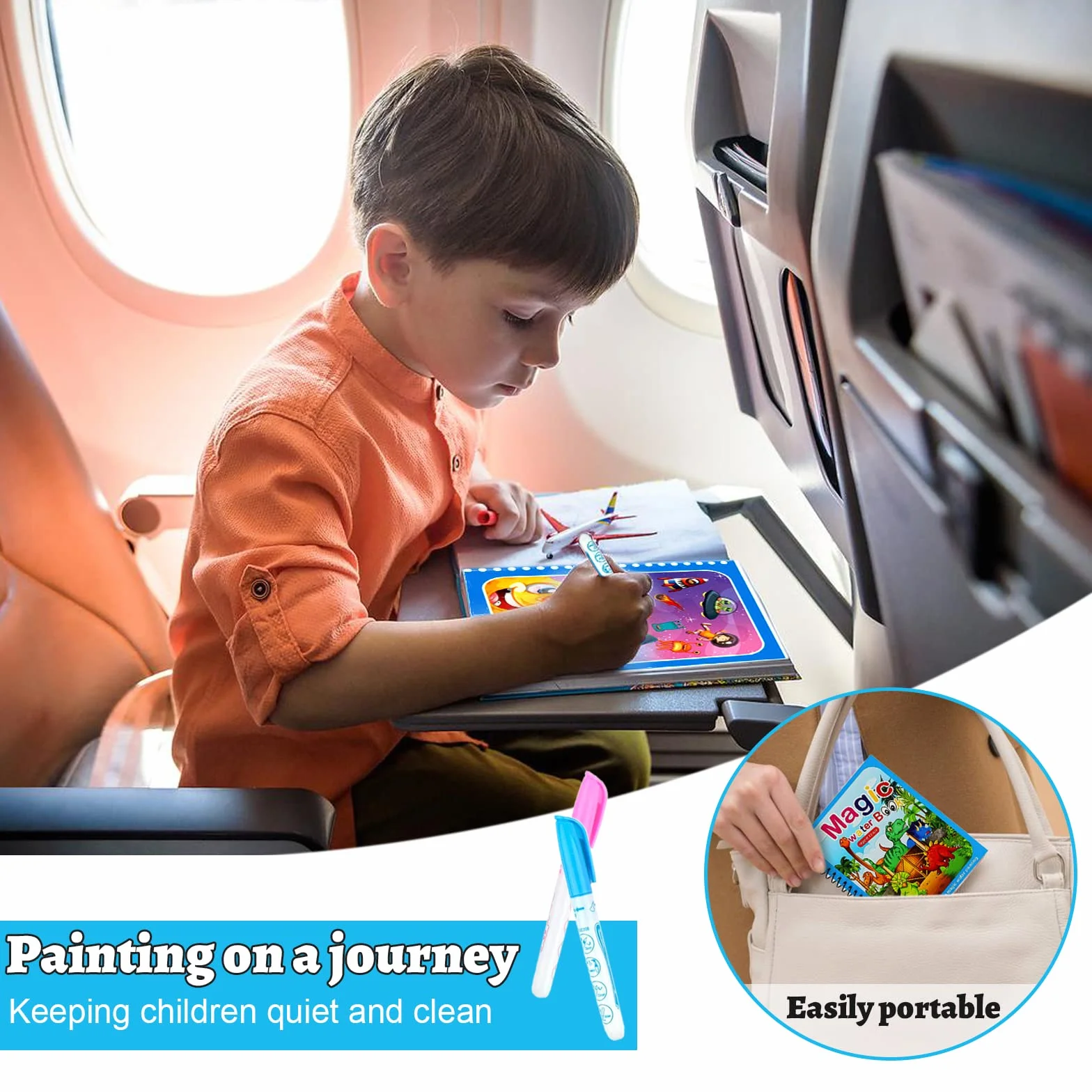 Libri per pittura ad acqua per bambini, 6 pezzi, libro magico da colorare ad acqua, riutilizzabili, con 6 penne magiche, giocattoli da viaggio per bambini in aereo