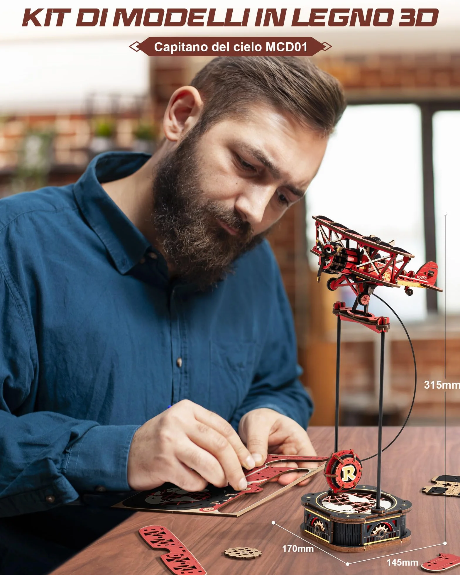 ROKR 3D Puzzle in Legno Aereo, Modellismo da costruire Adulti Capitano del cielo, Oscillazione Gravitazionale Decorazione, Regali per adulti e bambini, Sky Captain MCD01