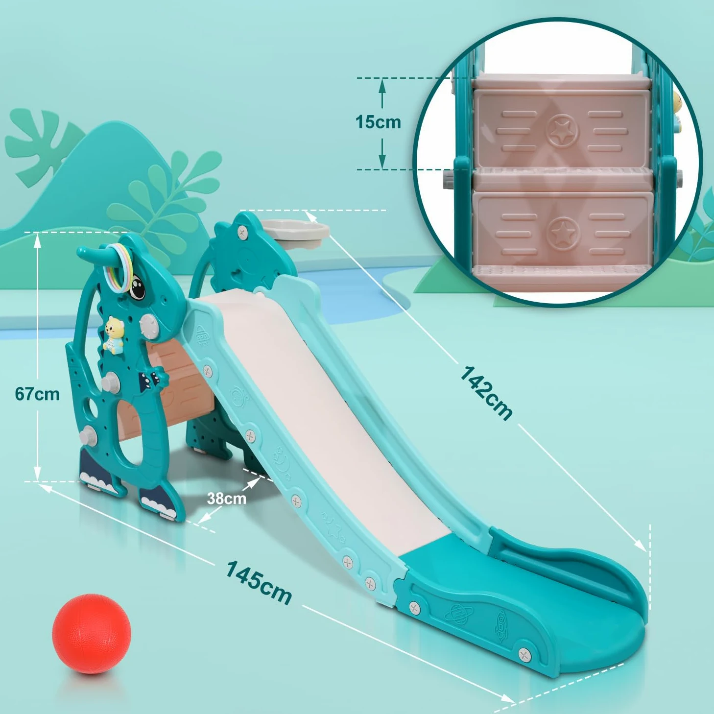 Scivolo per bambini 4 in 1 – con Cestino da basket & Giochi educativi, Scivolo pieghevole per interni ed esterni, da 1 a 3 anni, Verde