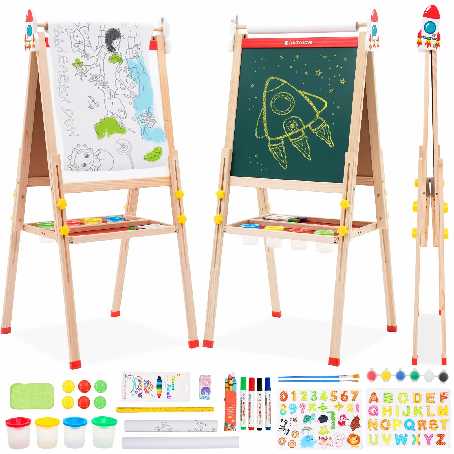 Cavalletto in Legno 2 in 1 per Bambini Lavagna Pieghevole Regolabile Altezza con Carta in Rotolo Colorabile 3-12 Anni